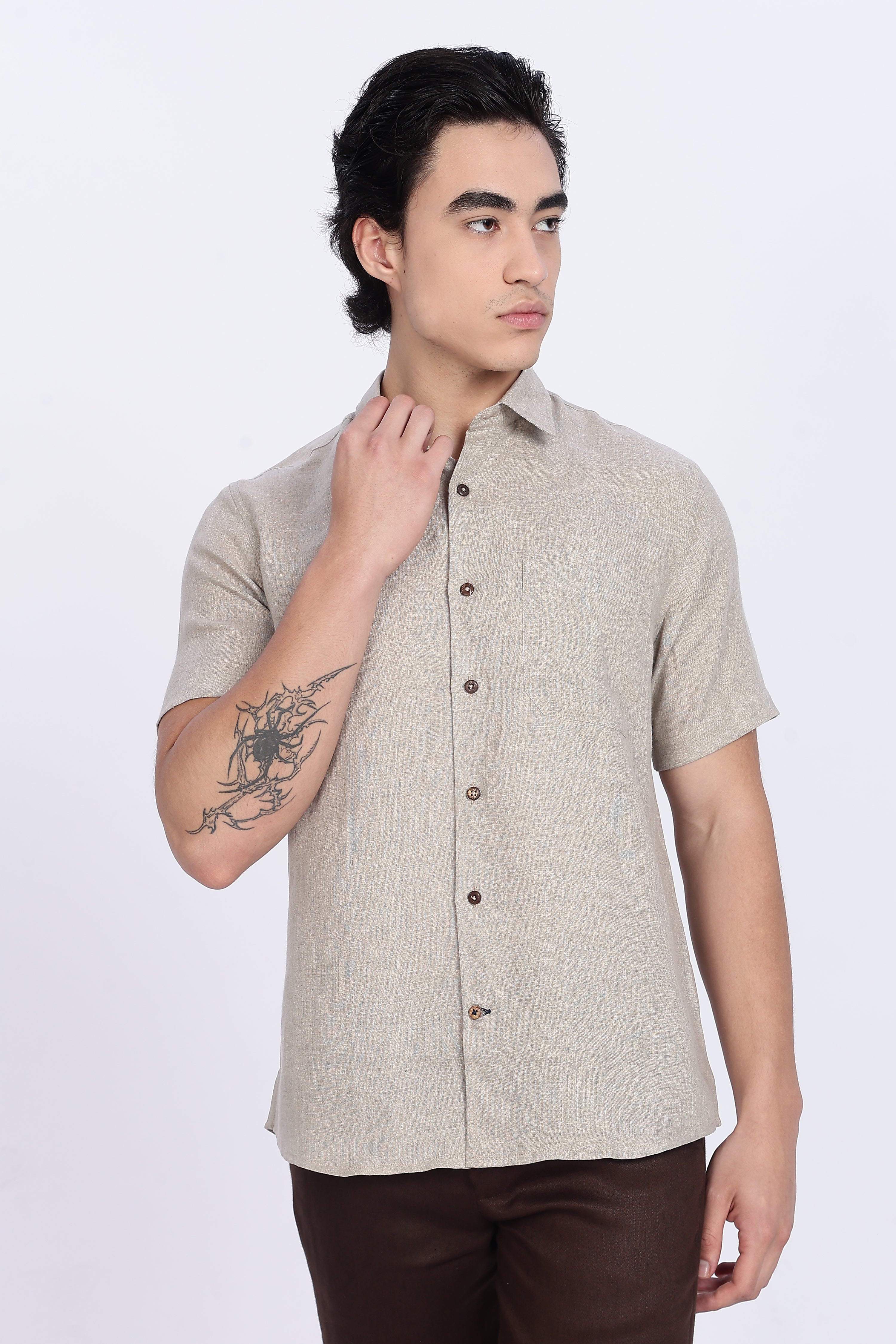 Men’s Beige Half Sleeve Linen Shirt – 100% Pure Linen | Linen Culture