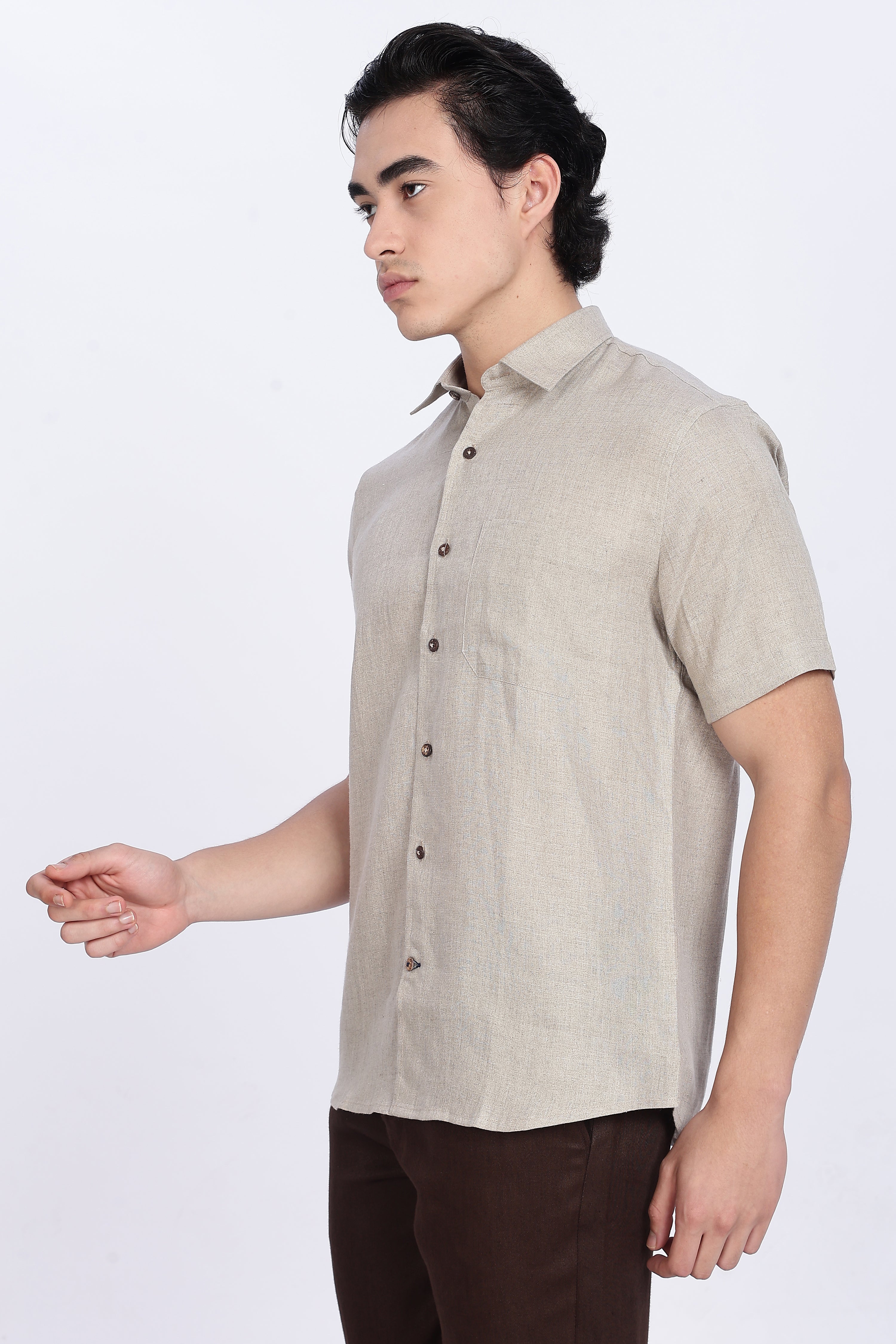 Men’s Beige Half Sleeve Linen Shirt – 100% Pure Linen | Linen Culture