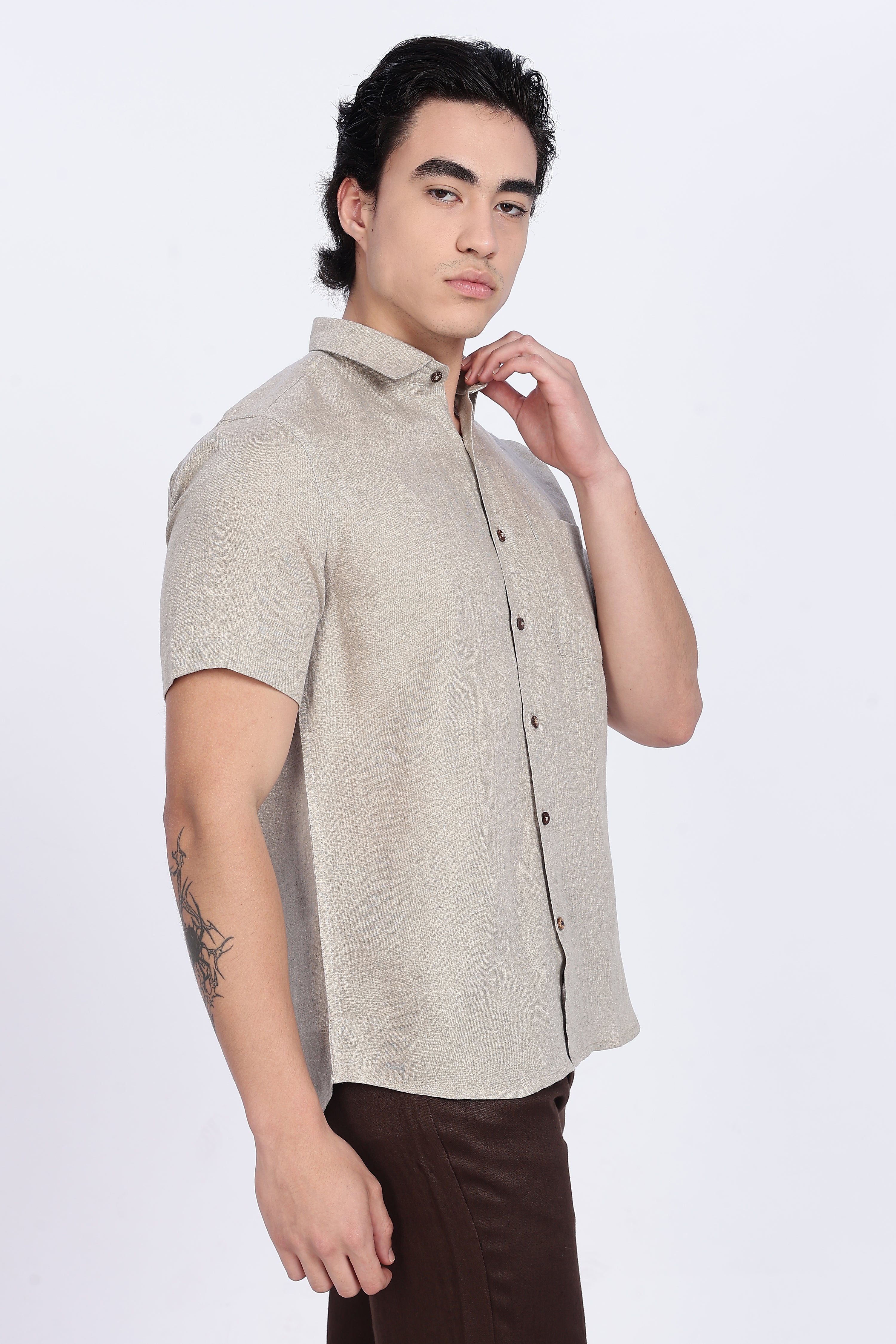 Men’s Beige Half Sleeve Linen Shirt – 100% Pure Linen | Linen Culture