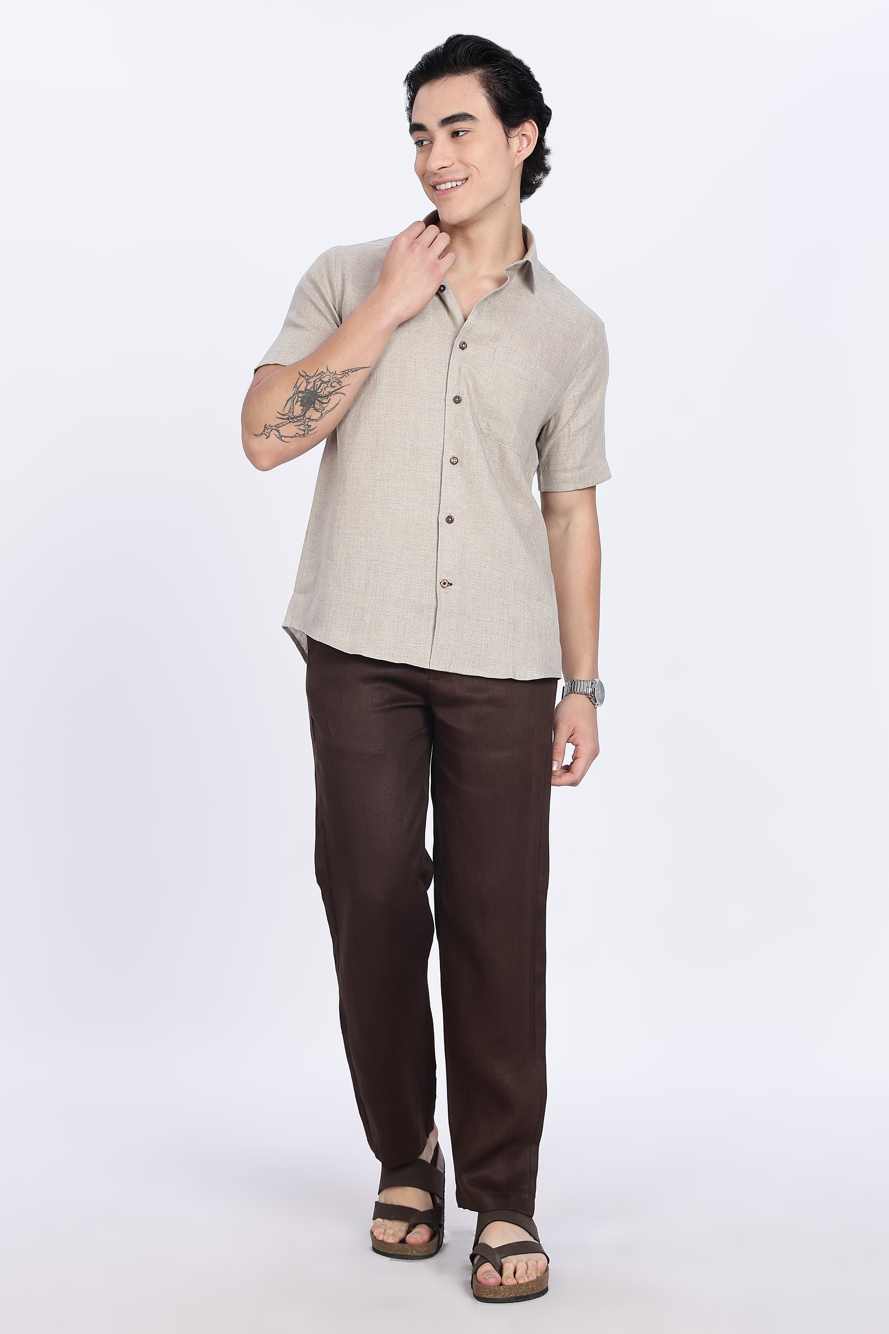 Men’s Beige Half Sleeve Linen Shirt – 100% Pure Linen | Linen Culture