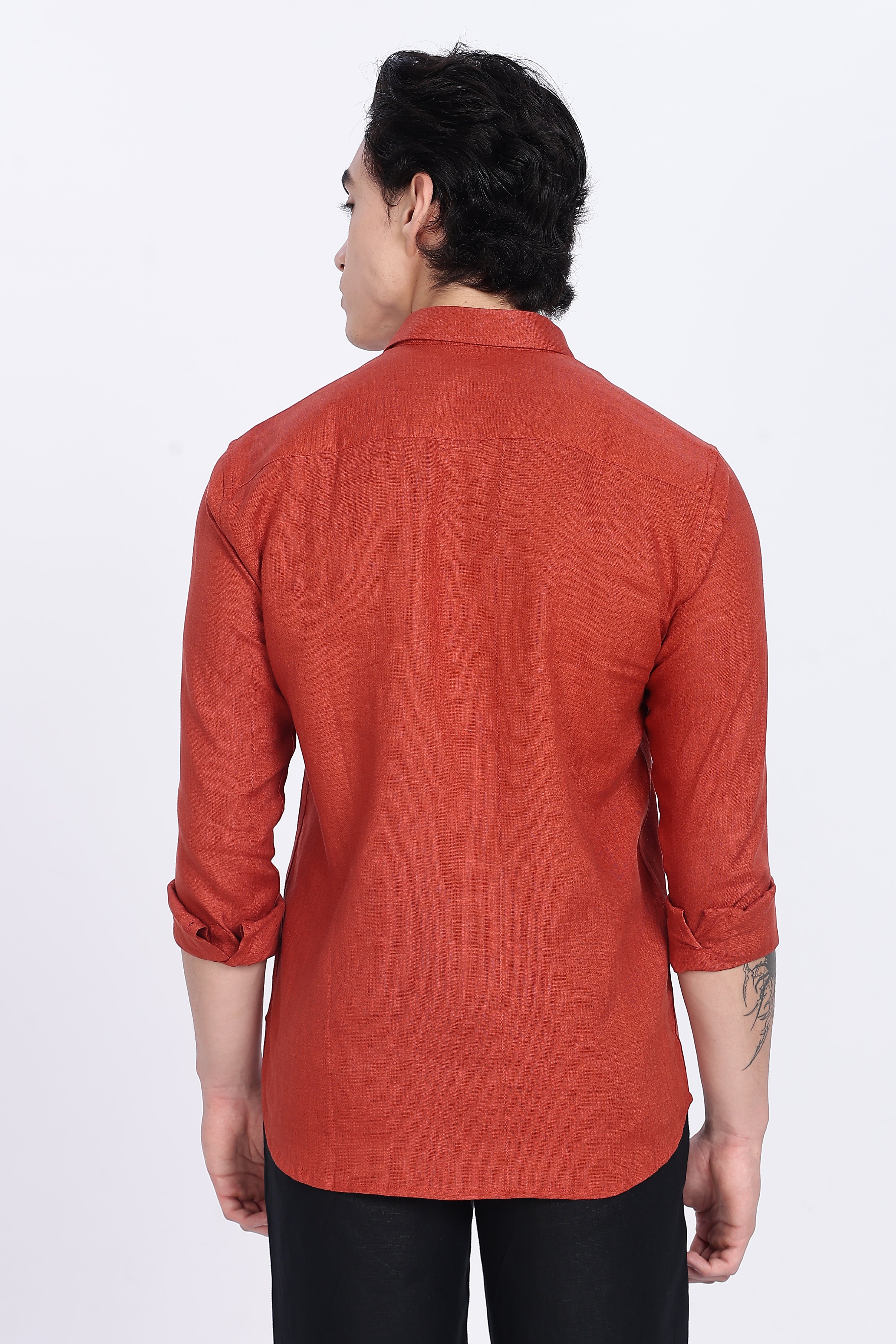 Men’s Premium Full Sleeve Linen Shirt – Rust Red | Linen Culture