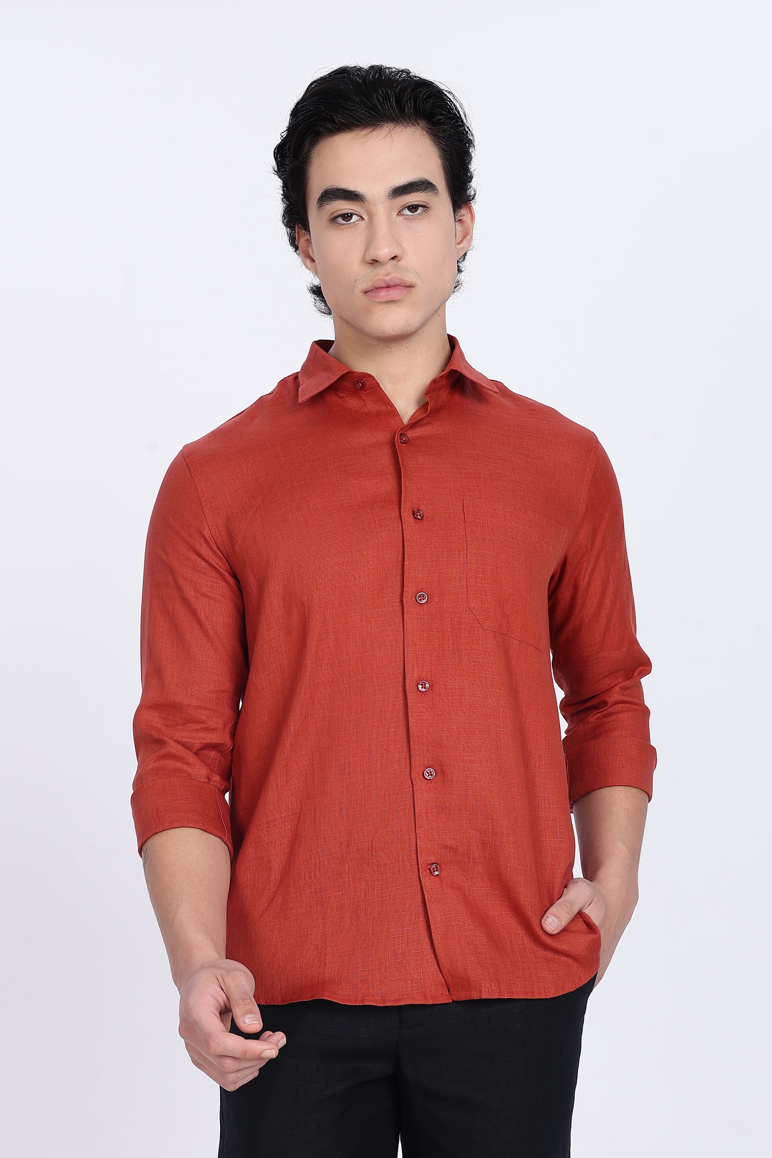 Men’s Premium Full Sleeve Linen Shirt – Rust Red | Linen Culture