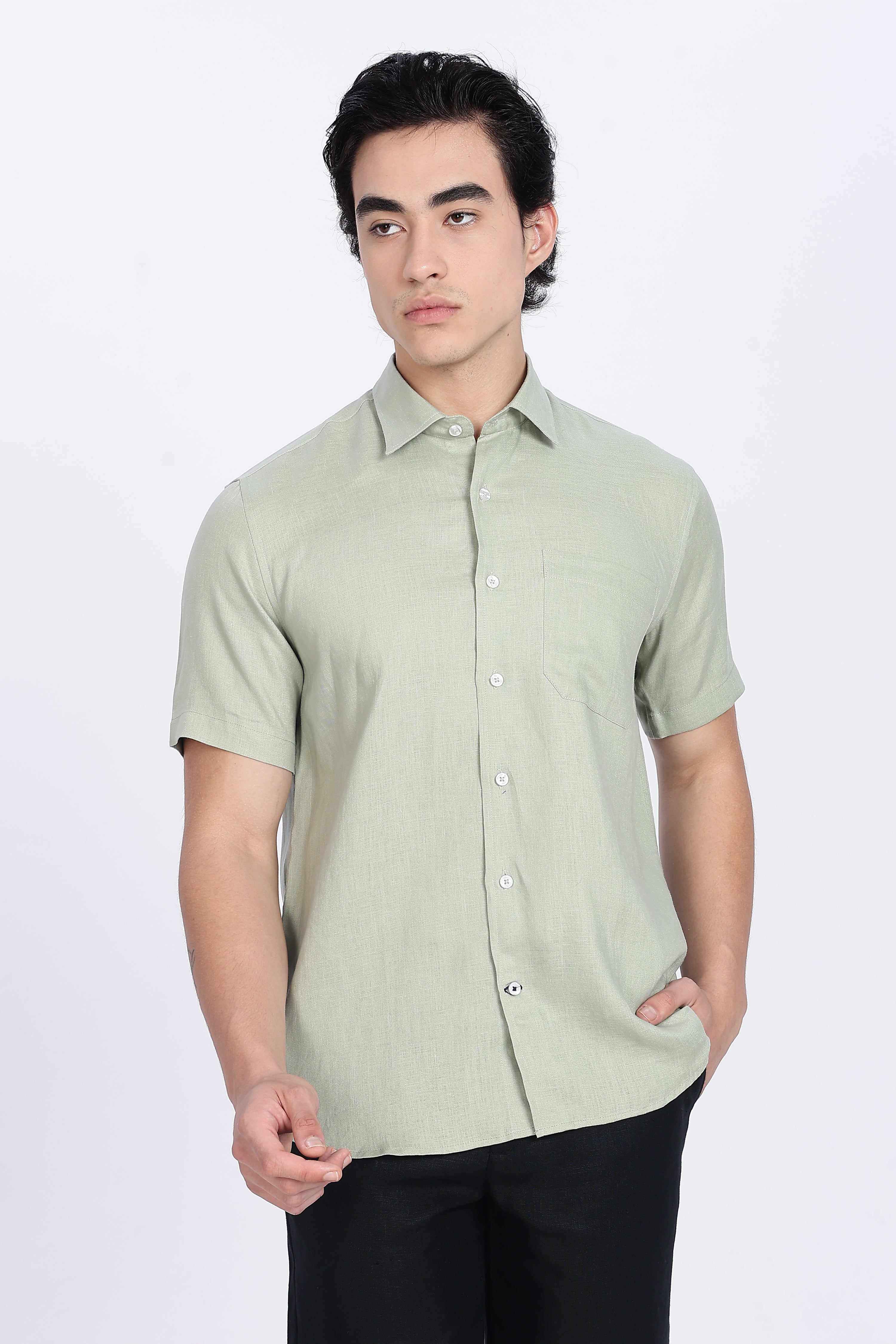 Men’s Sage Green Half Sleeve Linen Shirt – 100% Pure Linen | Linen Culture