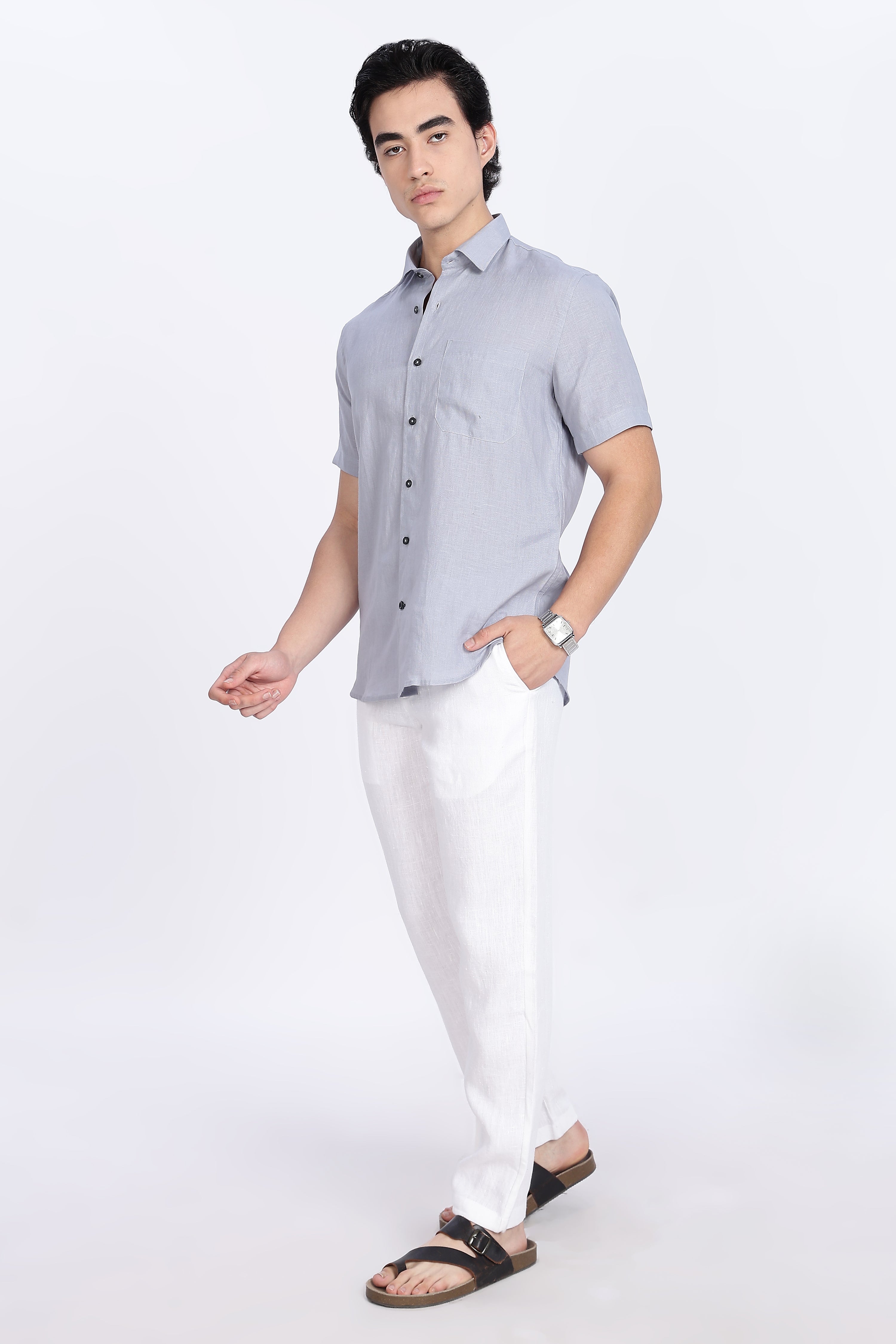 Men’s :Light Grey Half Sleeve Linen Shirt – 100% Pure Linen | Linen Culture