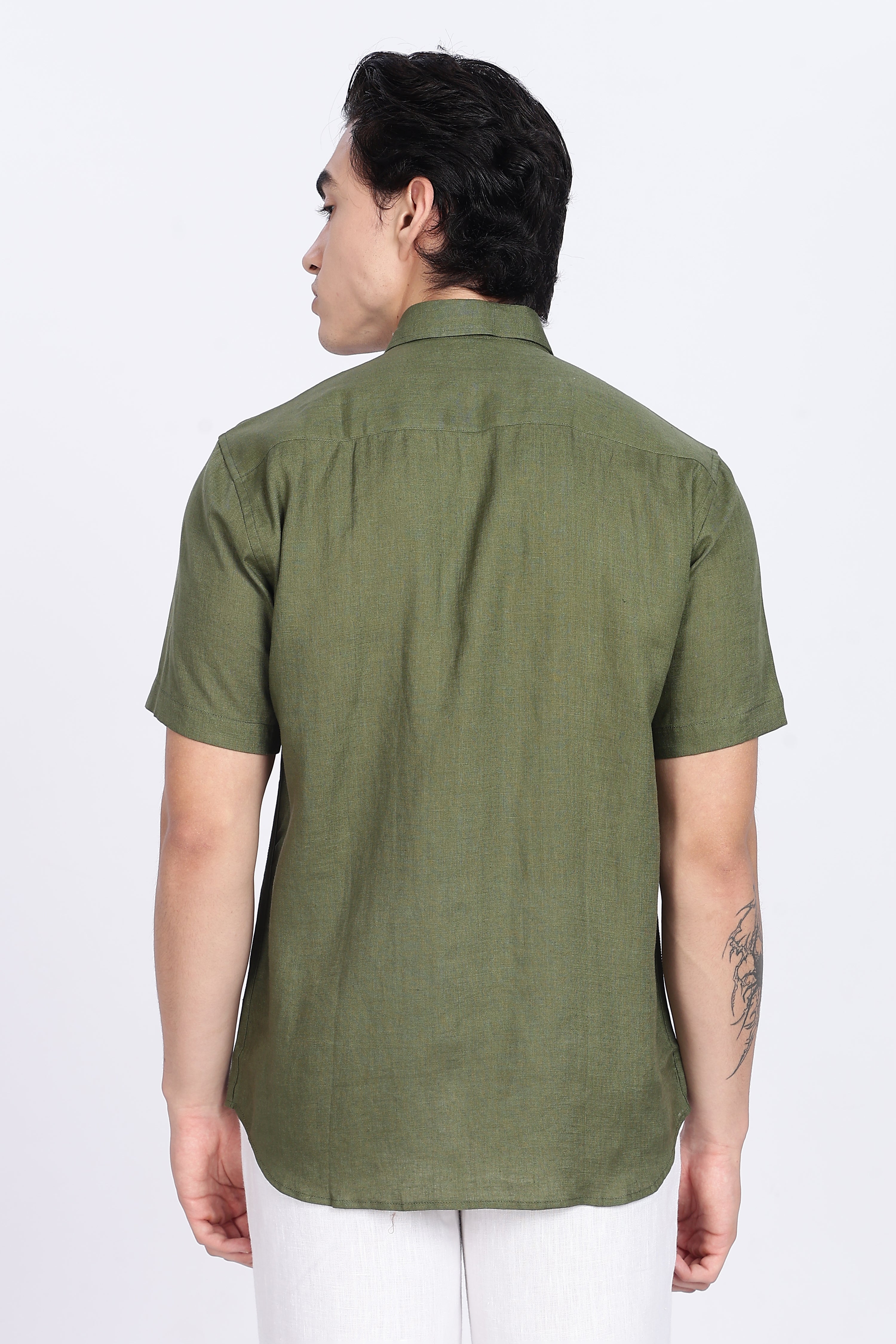 Men’s Olive Green Half Sleeve Linen Shirt – 100% Pure Linen | Linen Culture