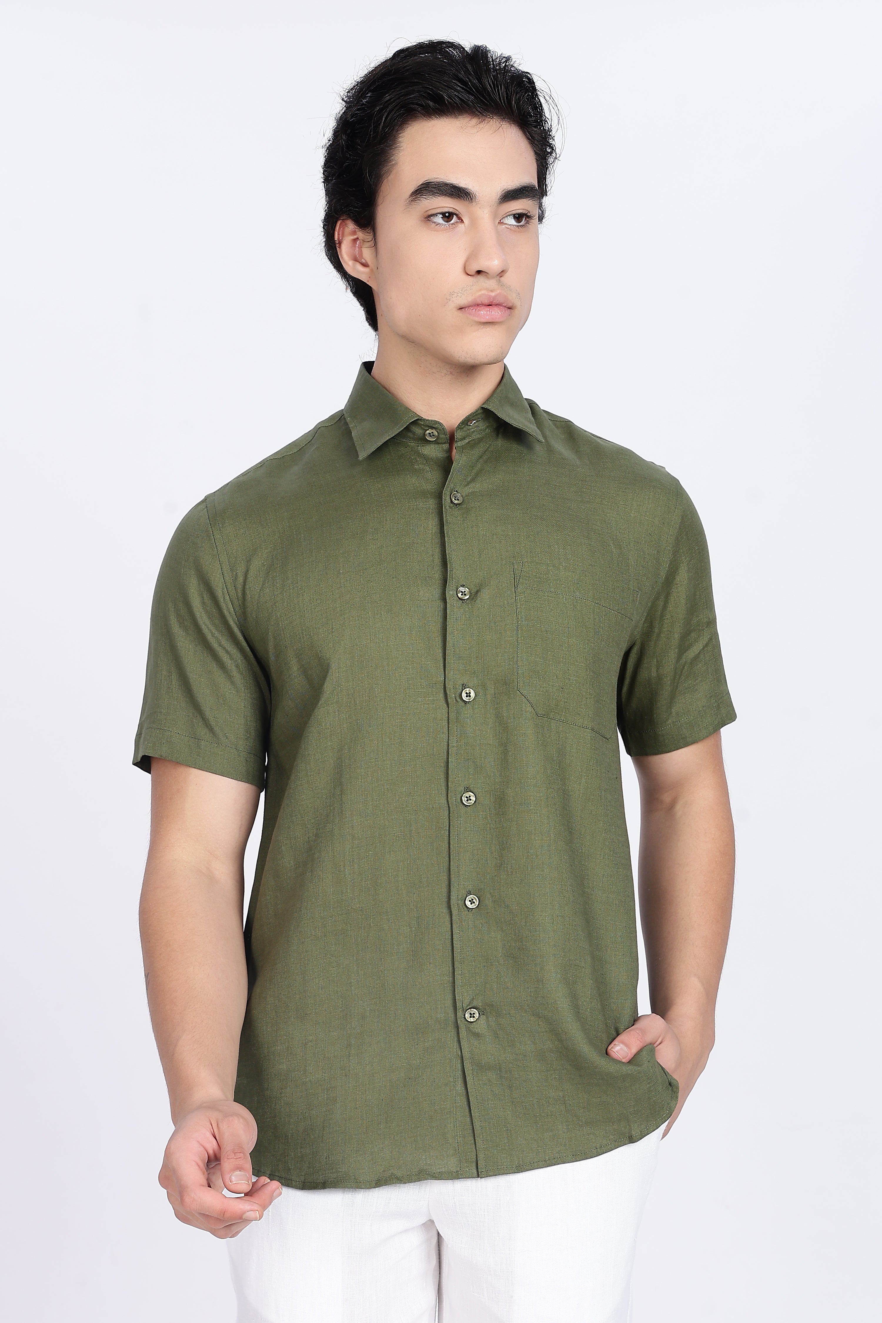 Men’s Olive Green Half Sleeve Linen Shirt – 100% Pure Linen | Linen Culture