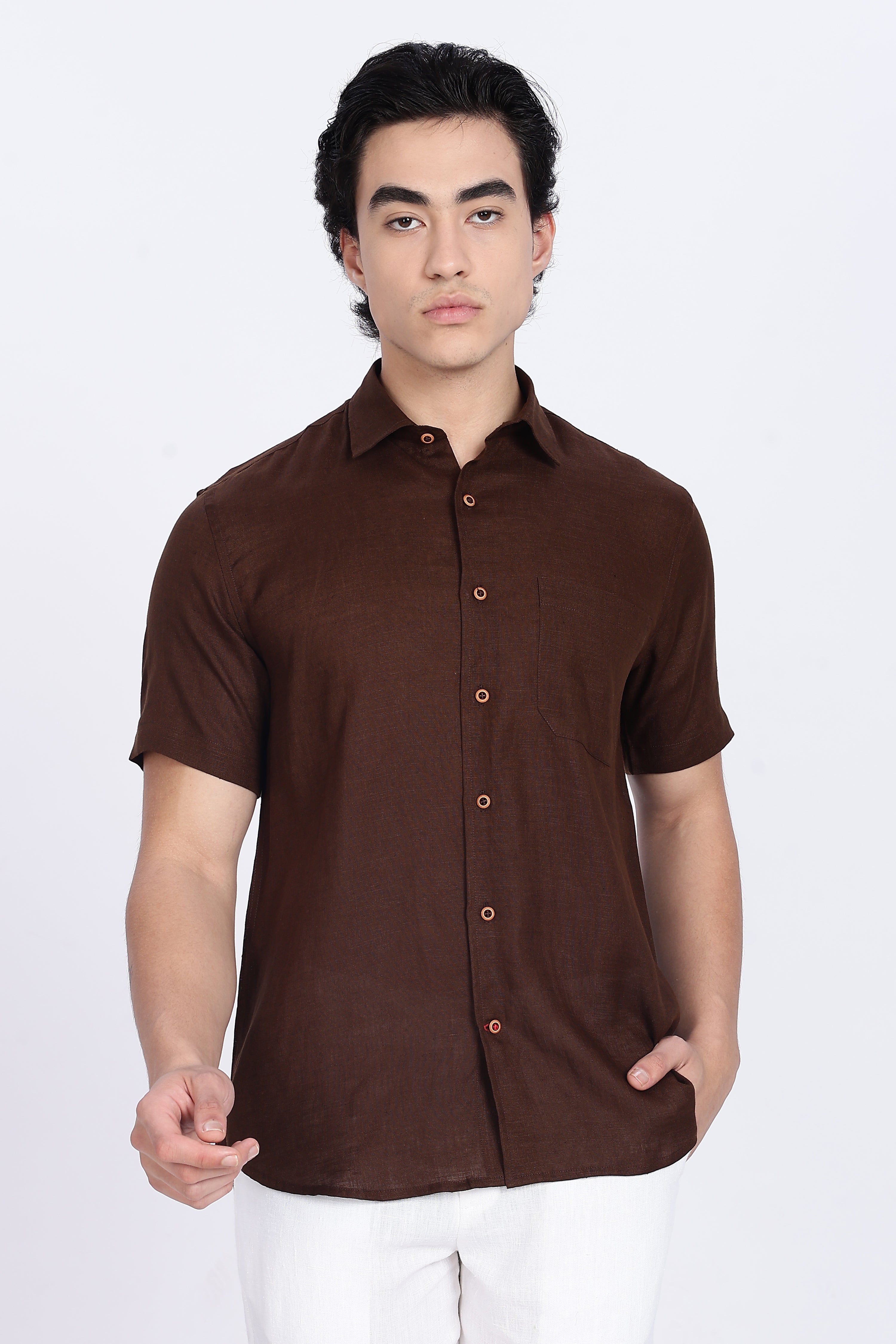 Men’s Mocha Brown Half Sleeve Linen Shirt – 100% Pure Linen | Linen Culture