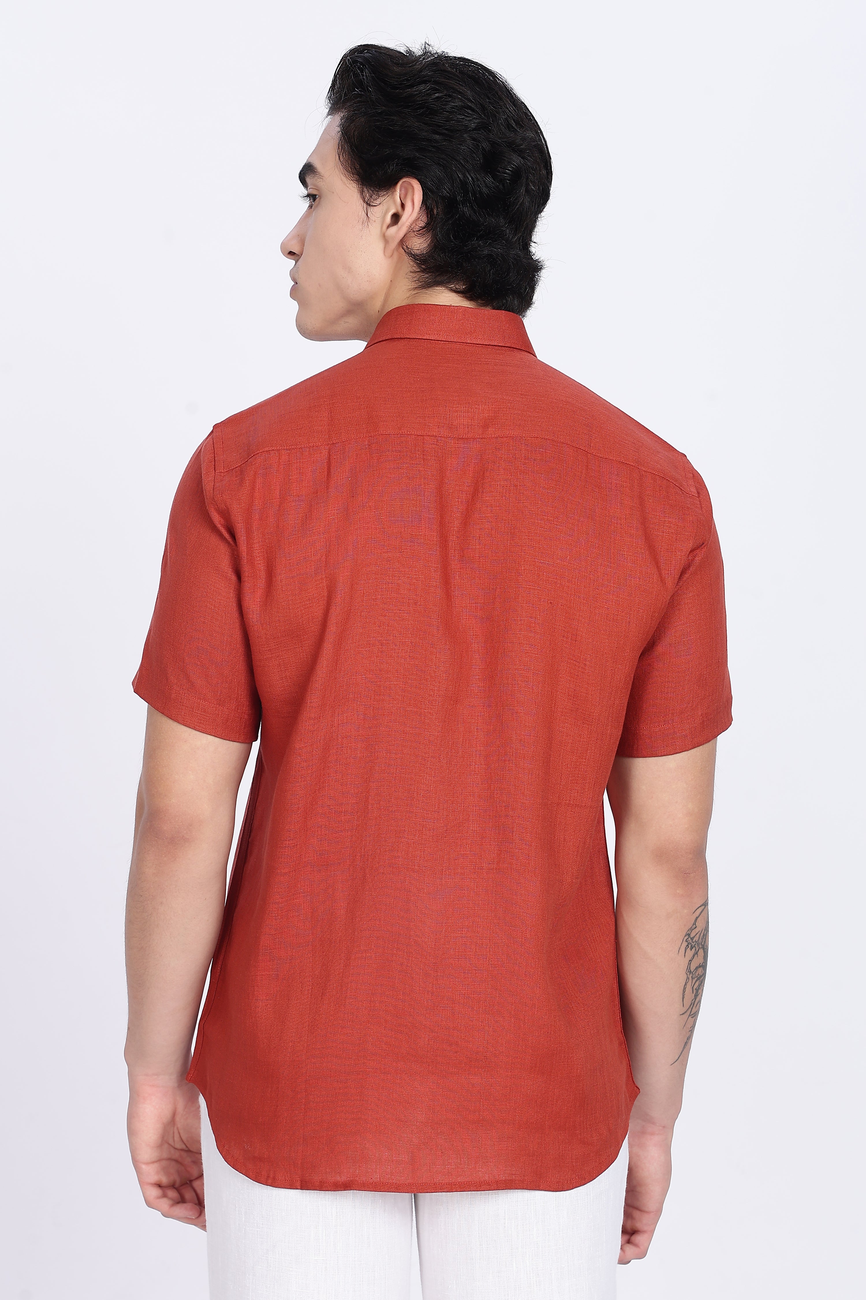 Men’s Rust Red Half Sleeve Linen Shirt – 100% Pure Linen | Linen Culture