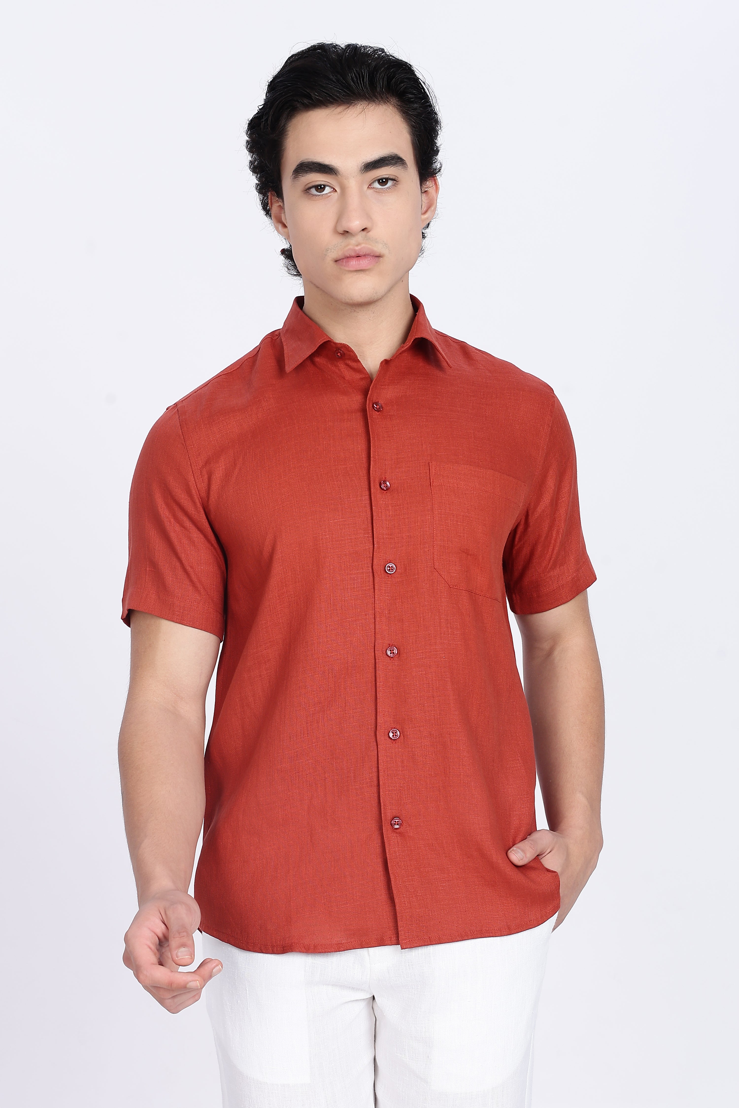 Men’s Rust Red Half Sleeve Linen Shirt – 100% Pure Linen | Linen Culture