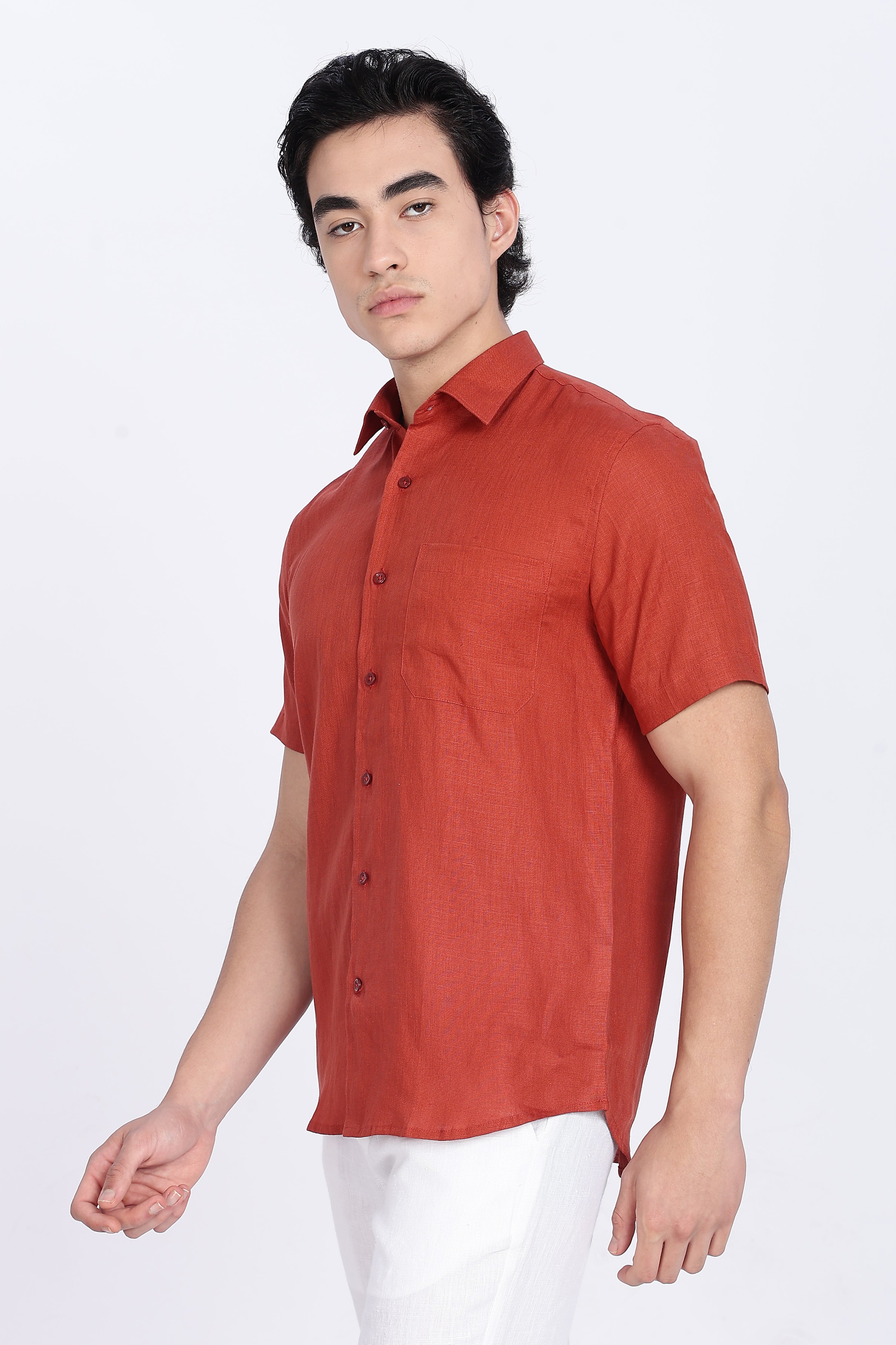 Men’s Rust Red Half Sleeve Linen Shirt – 100% Pure Linen | Linen Culture