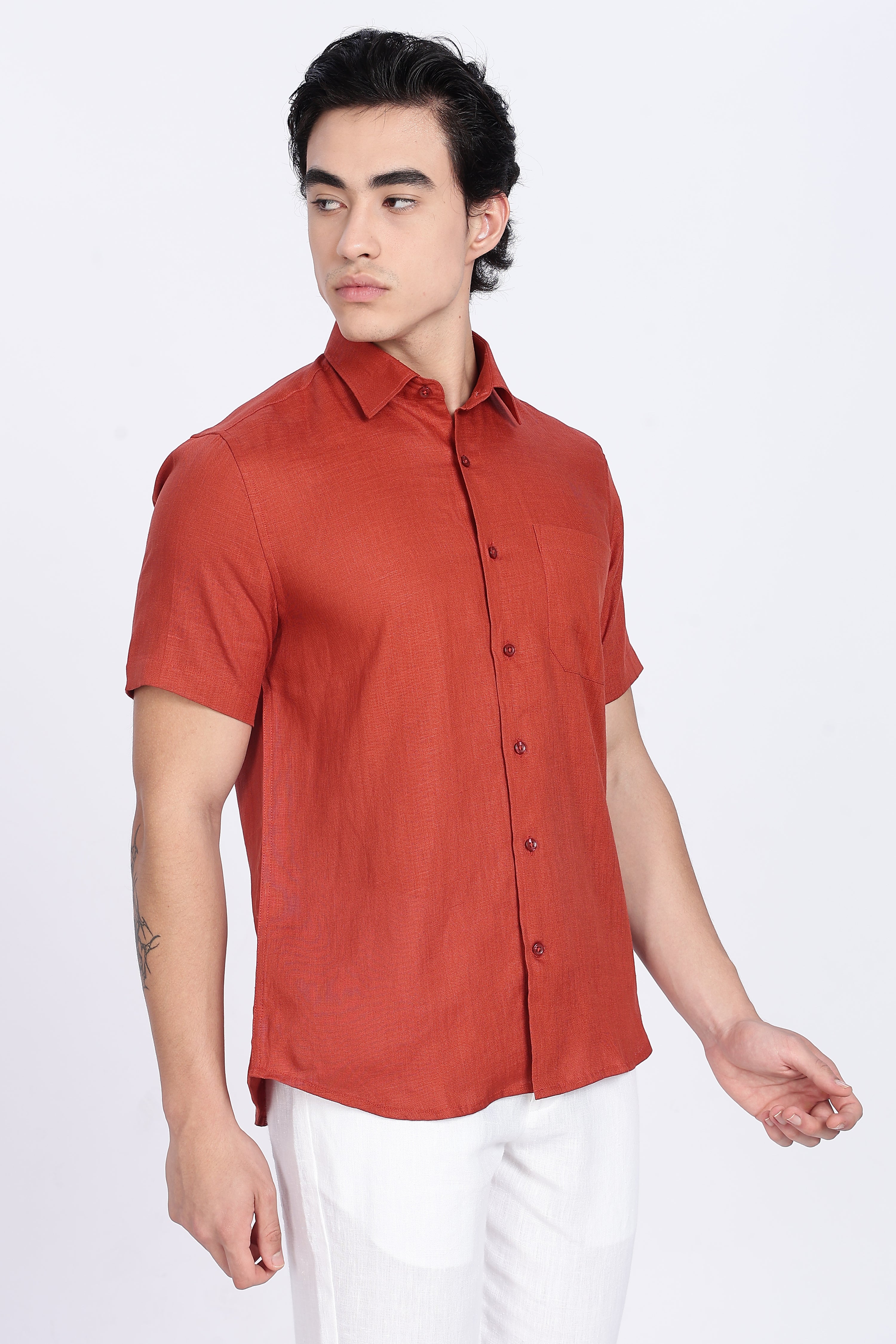 Men’s Rust Red Half Sleeve Linen Shirt – 100% Pure Linen | Linen Culture