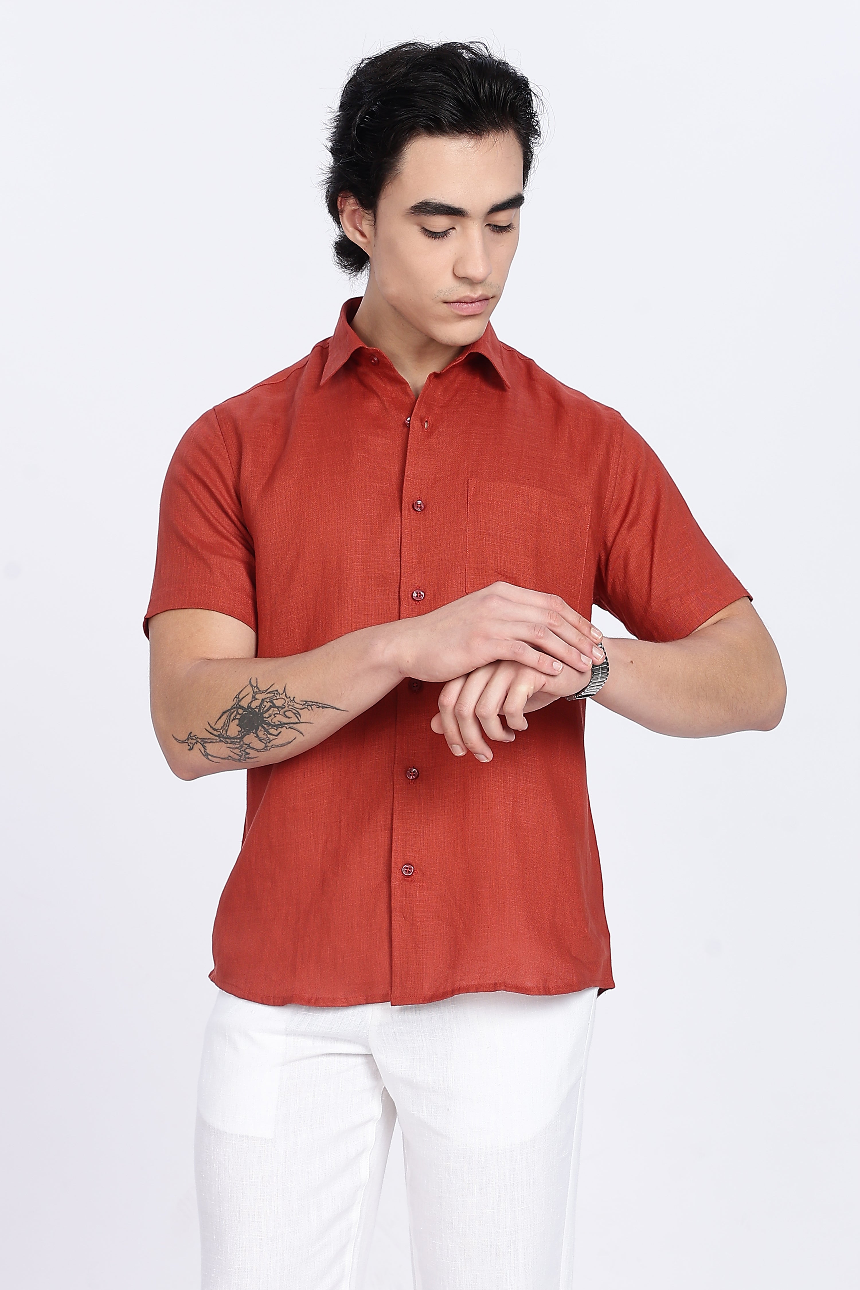 Men’s Rust Red Half Sleeve Linen Shirt – 100% Pure Linen | Linen Culture