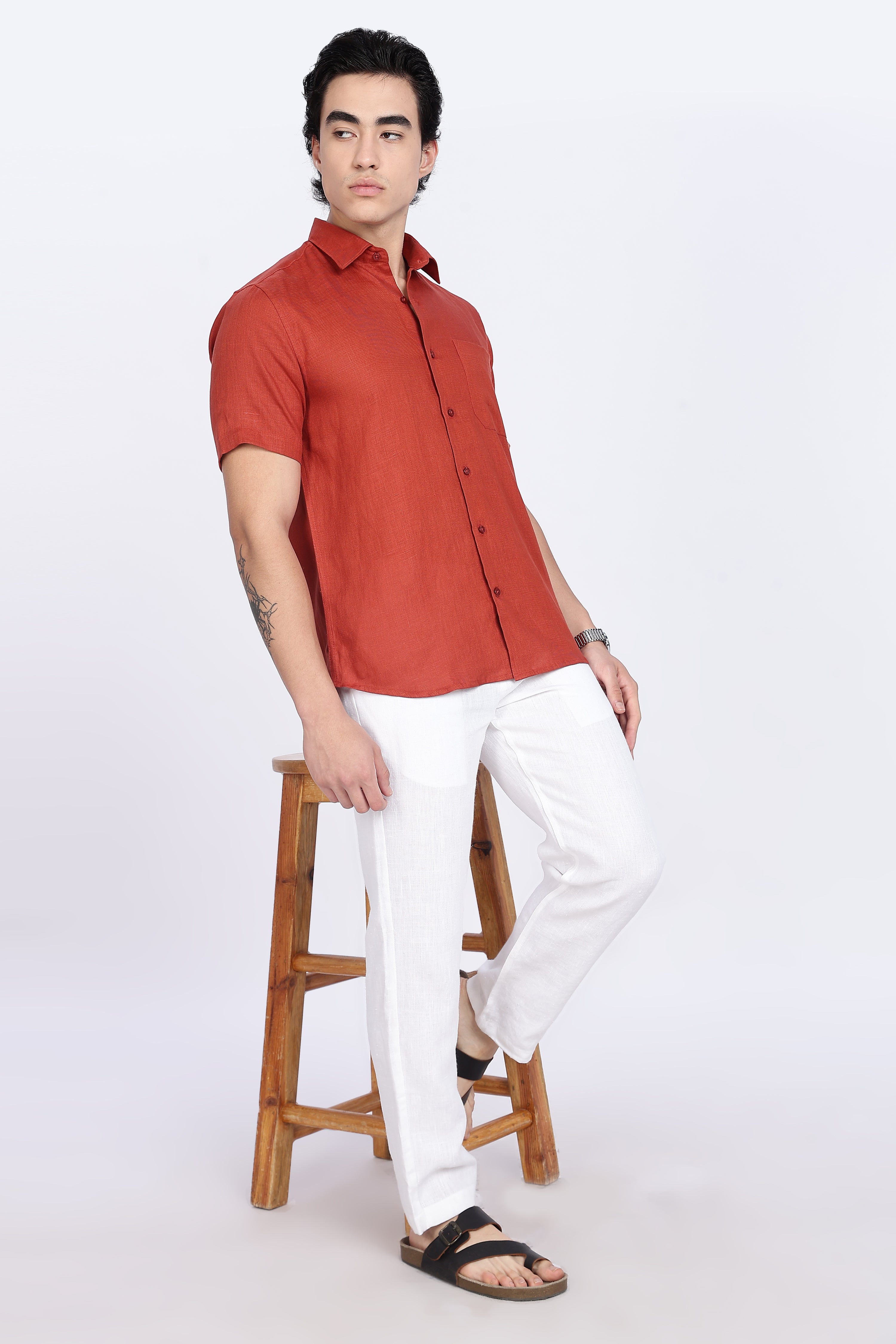 Men’s Rust Red Half Sleeve Linen Shirt – 100% Pure Linen | Linen Culture