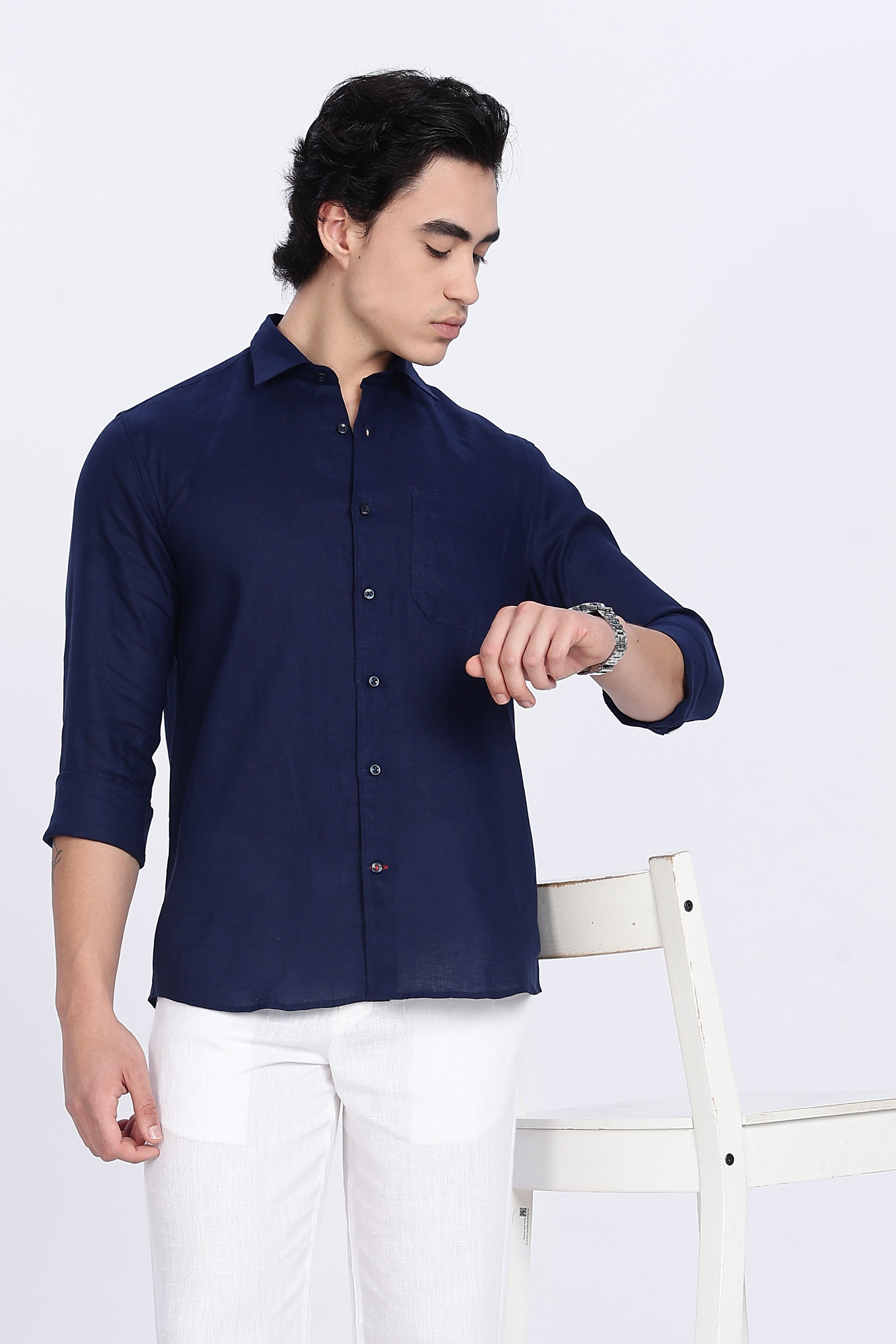 Men’s Dark Navy Blue Full Sleeve Linen Shirt – 100% Pure Linen | Linen Culture