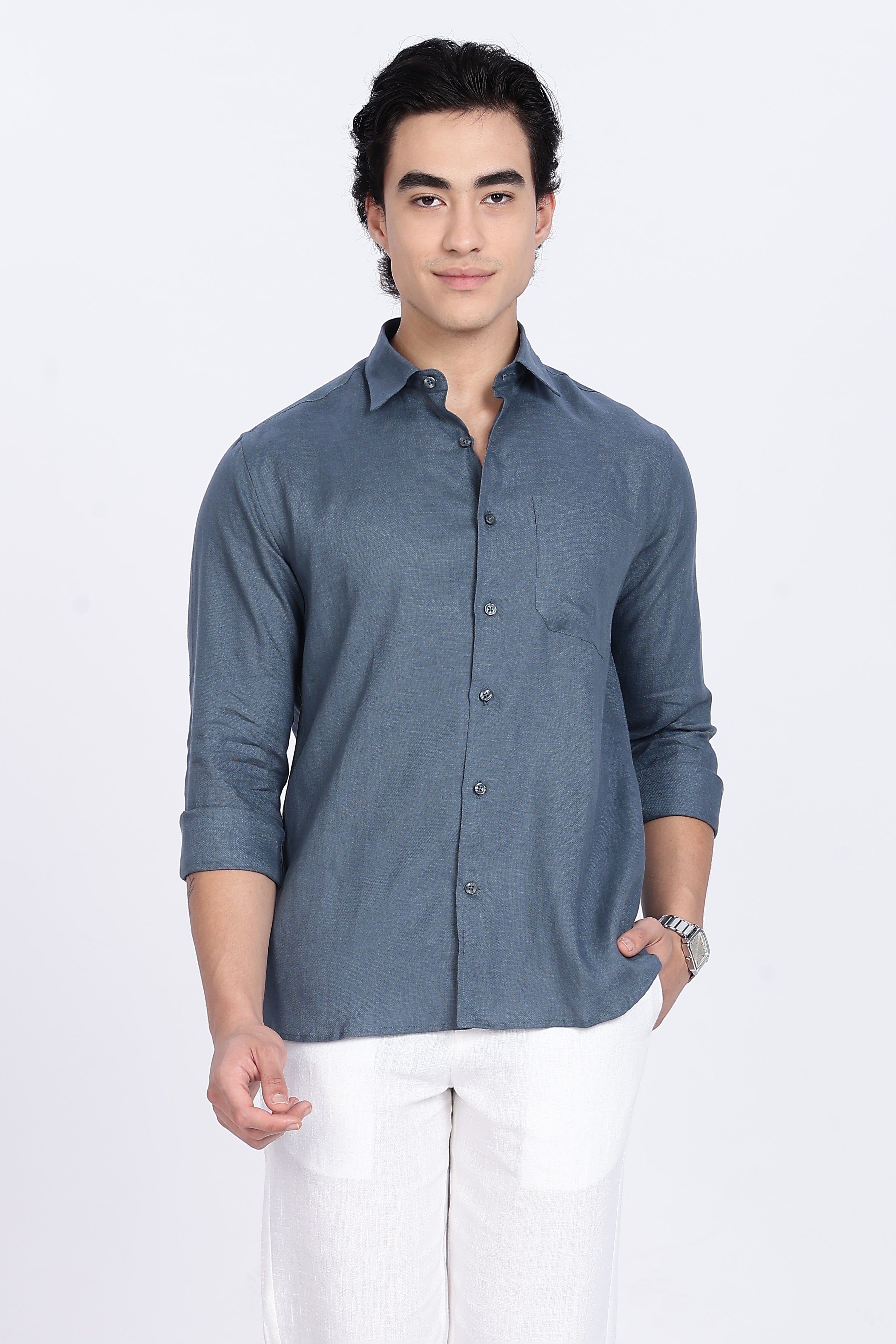 Men’s Blue Gray Full Sleeve Linen Shirt – 100% Pure Linen | Linen Culture
