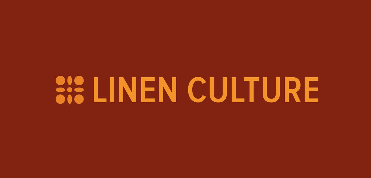 Linen Culture brand logo in orange text on a dark brown background