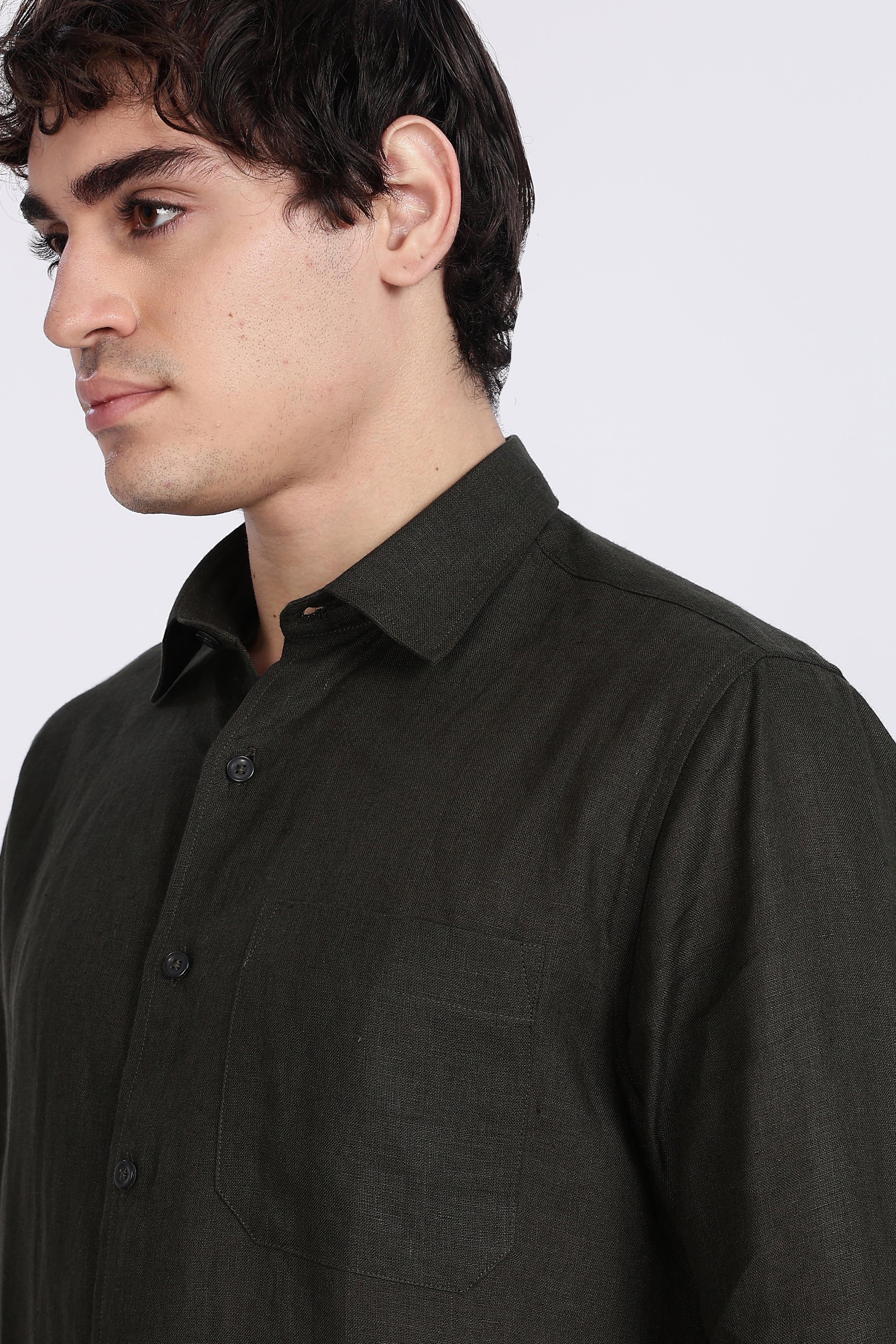Men’s Dark Green Full Sleeve Linen Shirt – 100% Pure Linen | Linen Culture