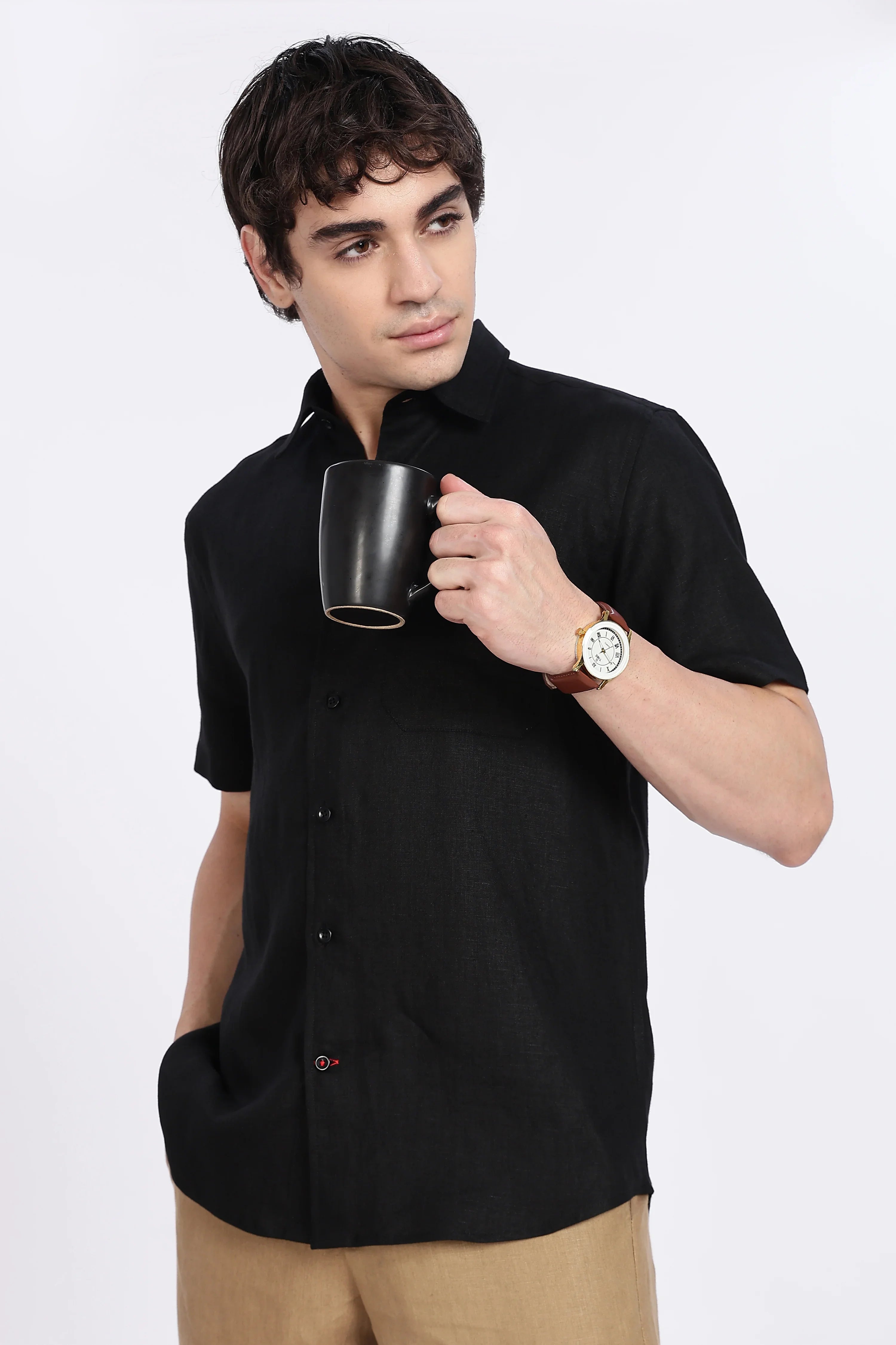 Men’s Black Half Sleeve Linen Shirt – 100% Pure Linen | Linen Culture