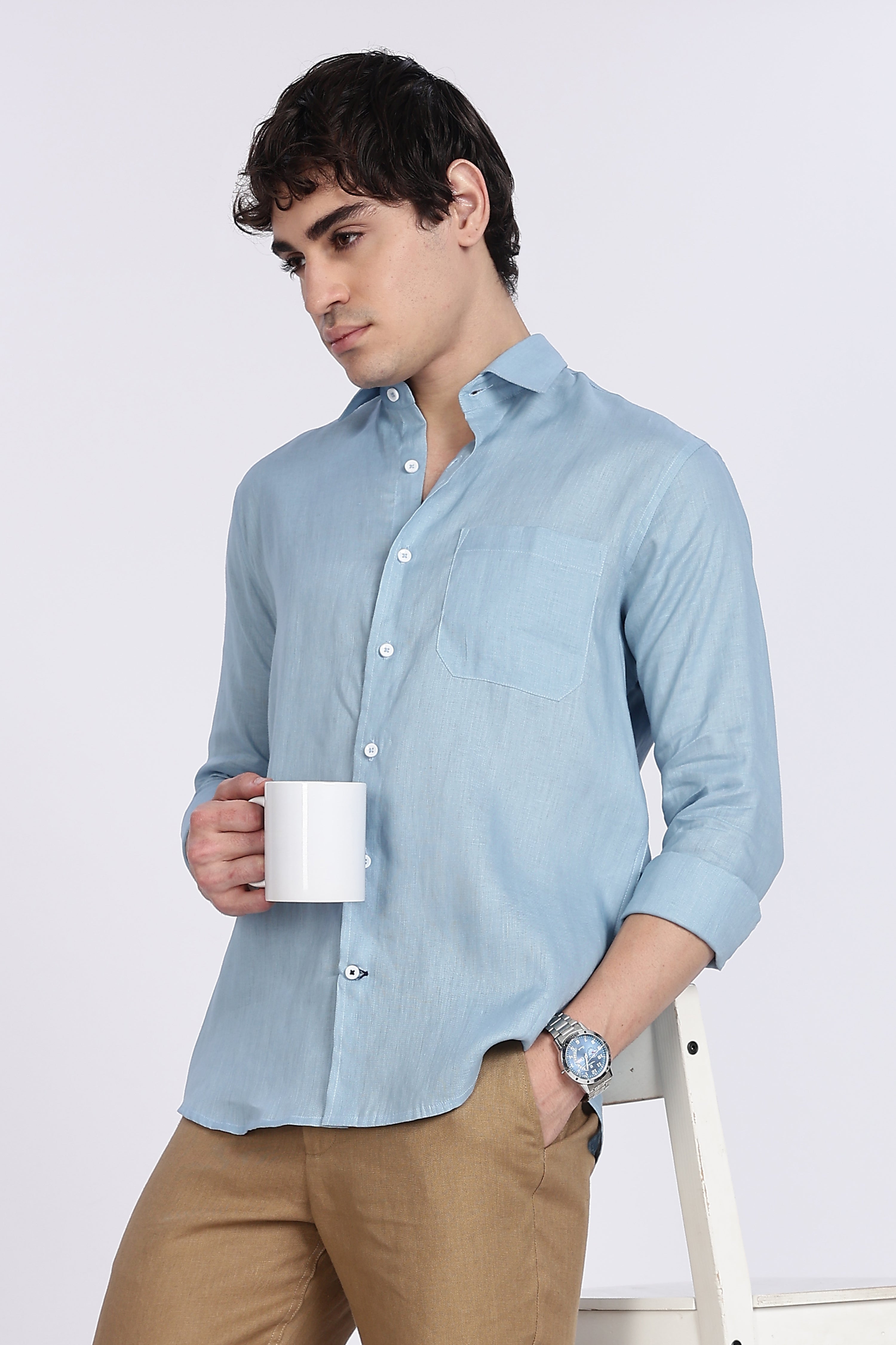 Men’s Light Blue Full Sleeve Linen Shirt – 100% Pure Linen | Linen Culture
