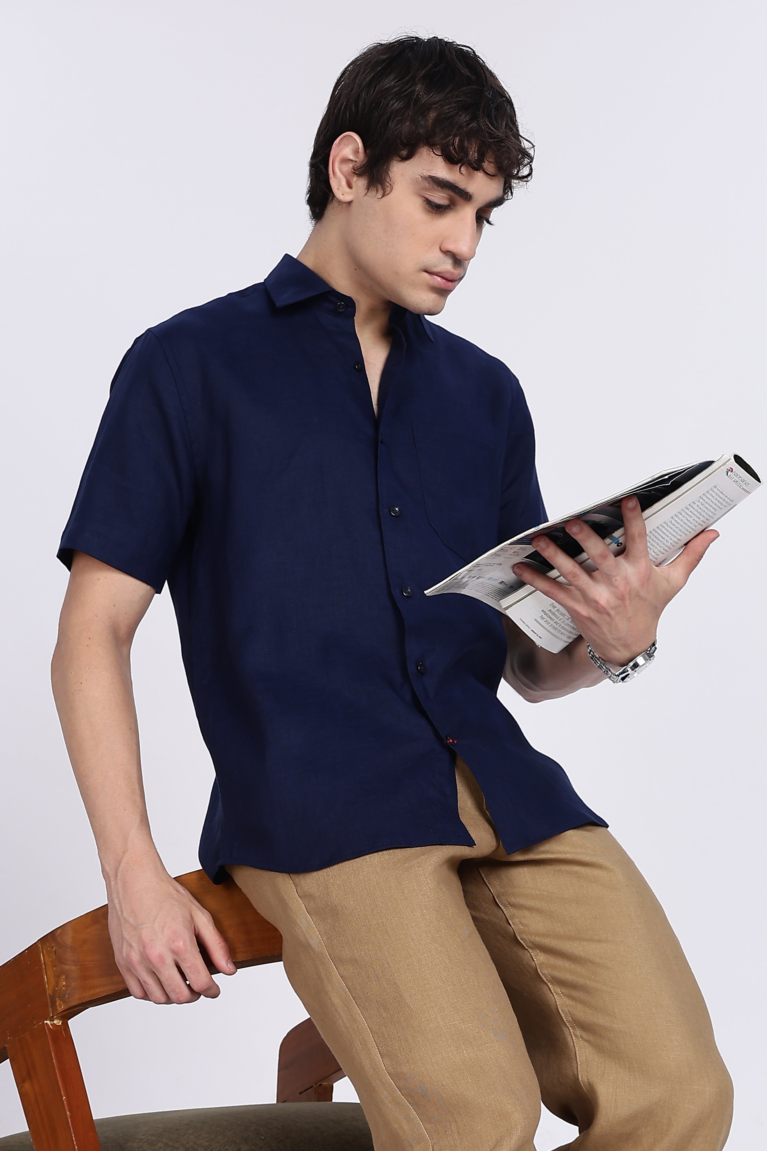 Men’s Navy Blue Half Sleeve Linen Shirt – 100% Pure Linen | Linen Culture