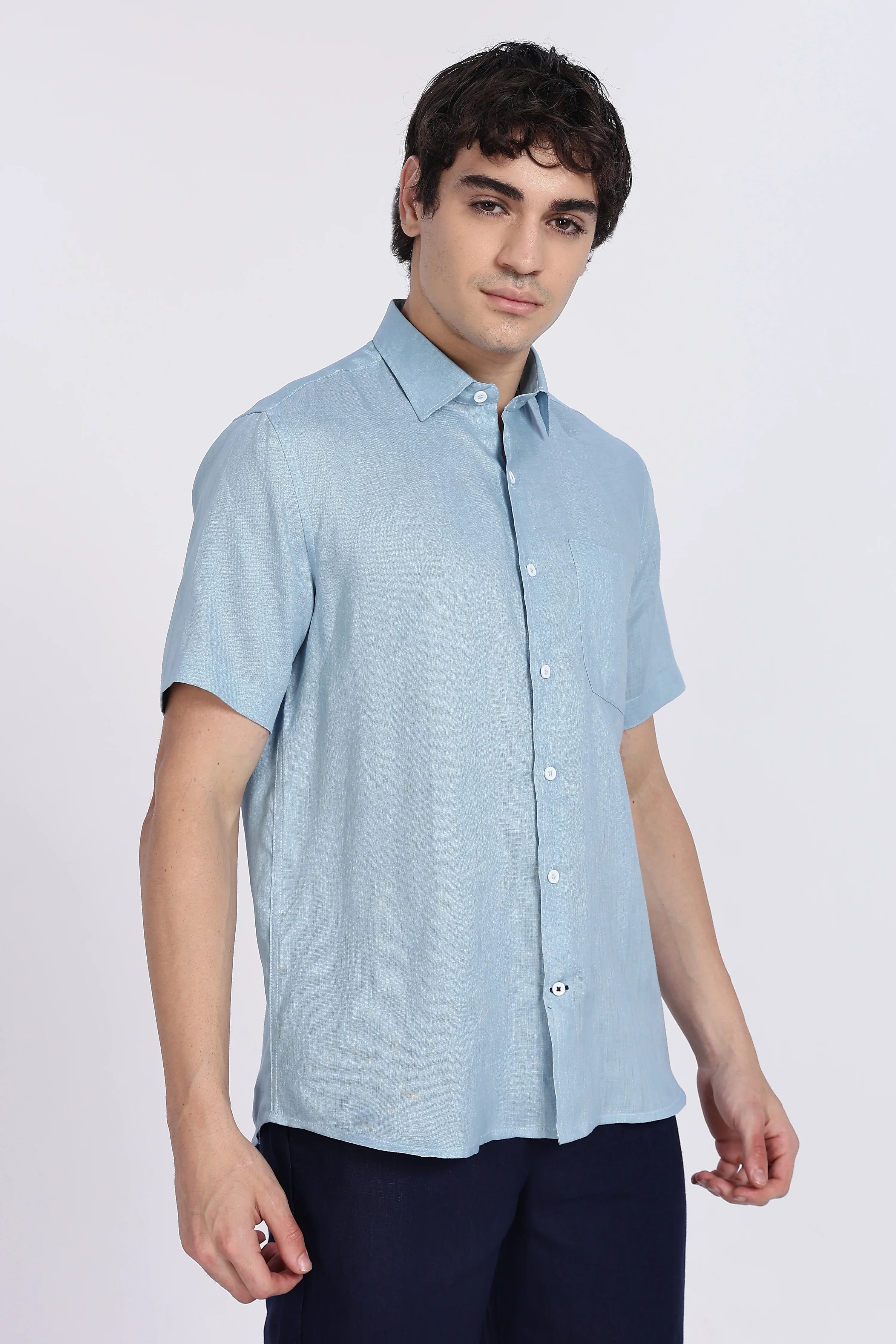 Men’s Light Blue Half Sleeve Linen Shirt – 100% Pure Linen | Linen Culture