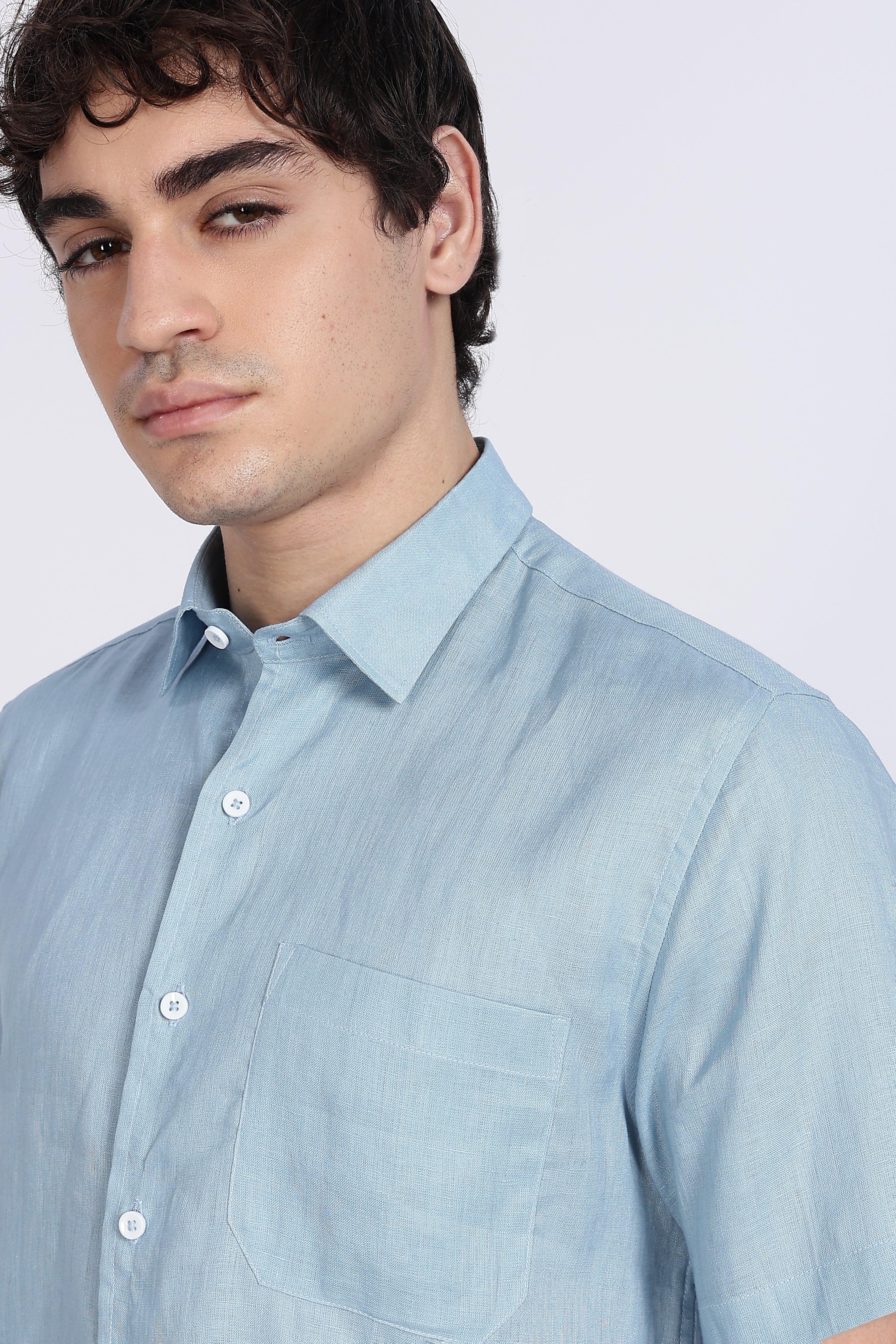 Men’s Light Blue Half Sleeve Linen Shirt – 100% Pure Linen | Linen Culture