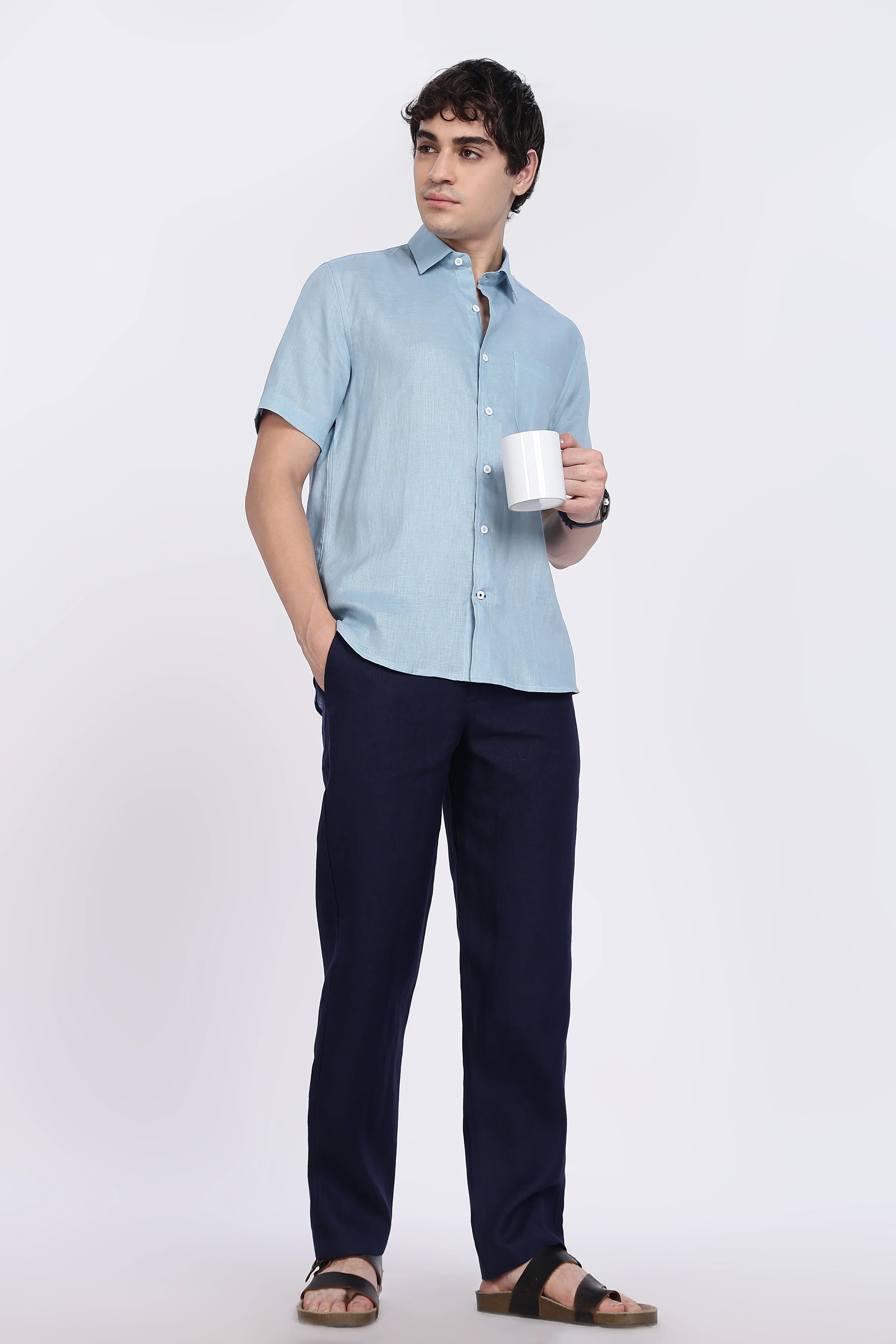 Men’s Light Blue Half Sleeve Linen Shirt – 100% Pure Linen | Linen Culture