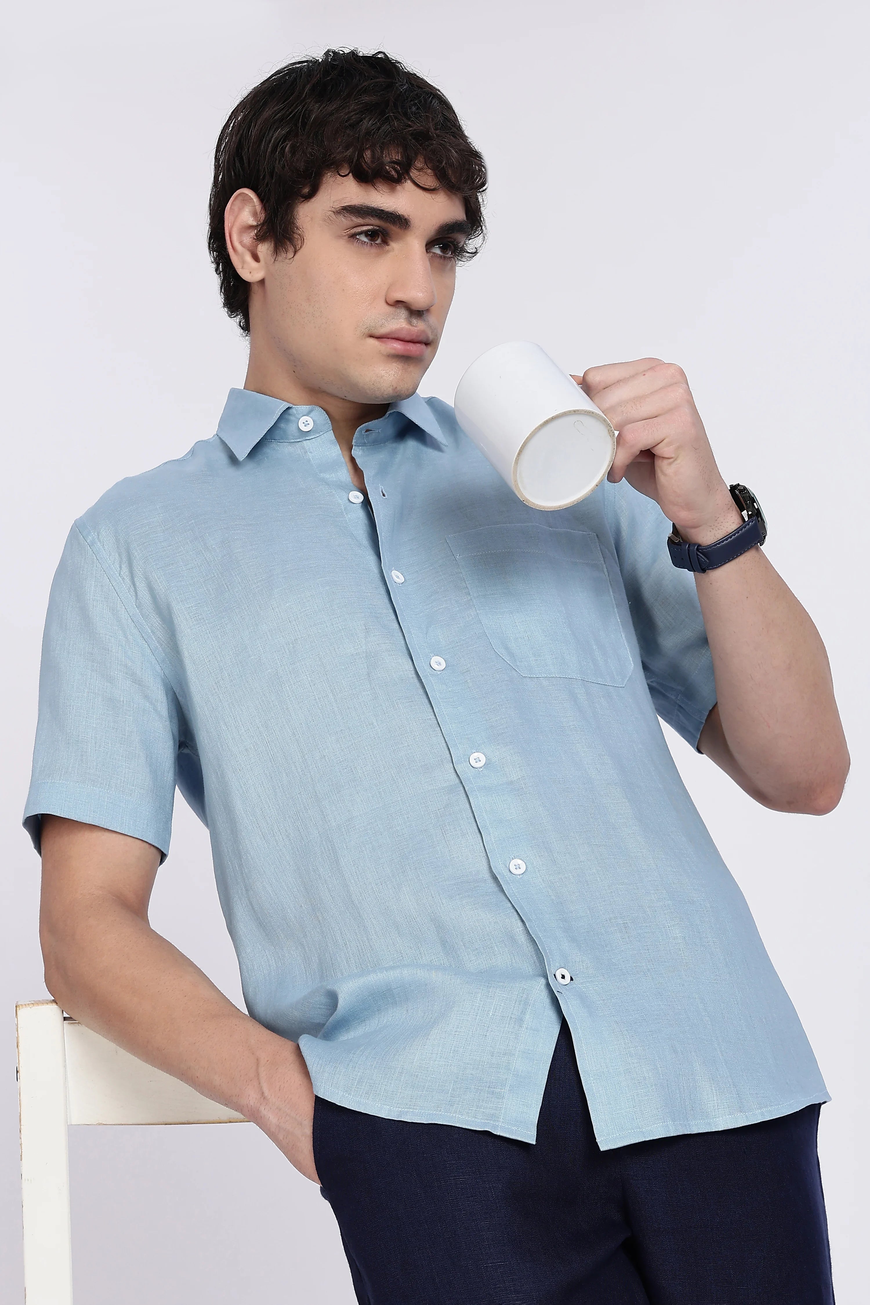 Men’s Light Blue Half Sleeve Linen Shirt – 100% Pure Linen | Linen Culture