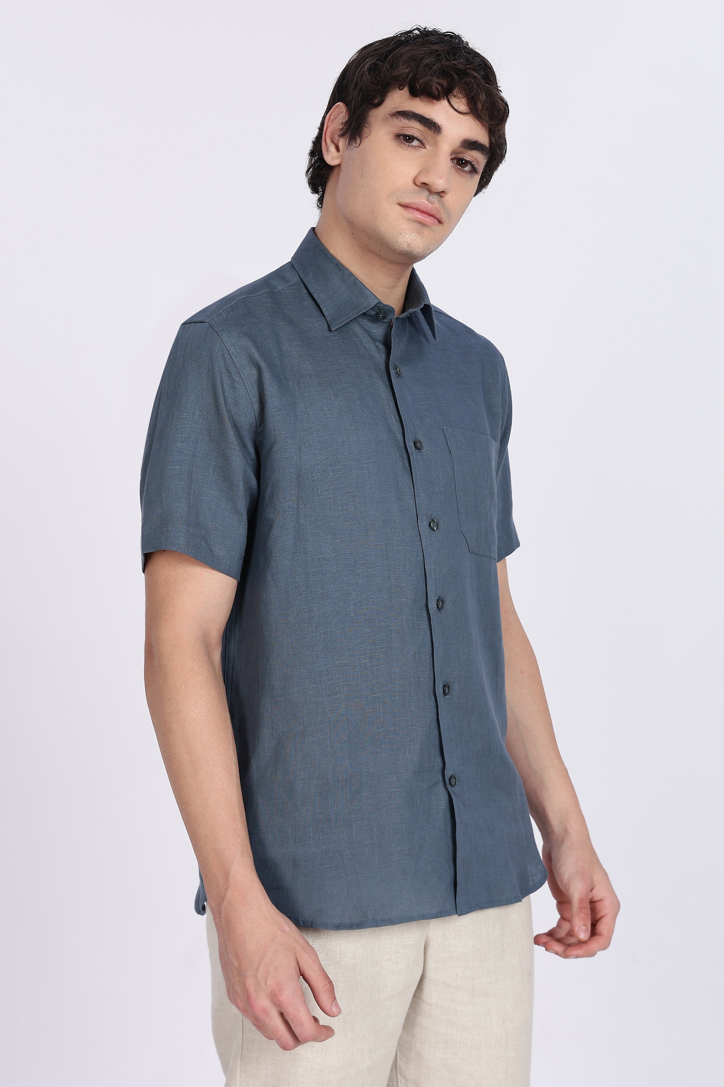 Men’s Steel Blue Half Sleeve Linen Shirt – 100% Pure Linen | Linen Culture
