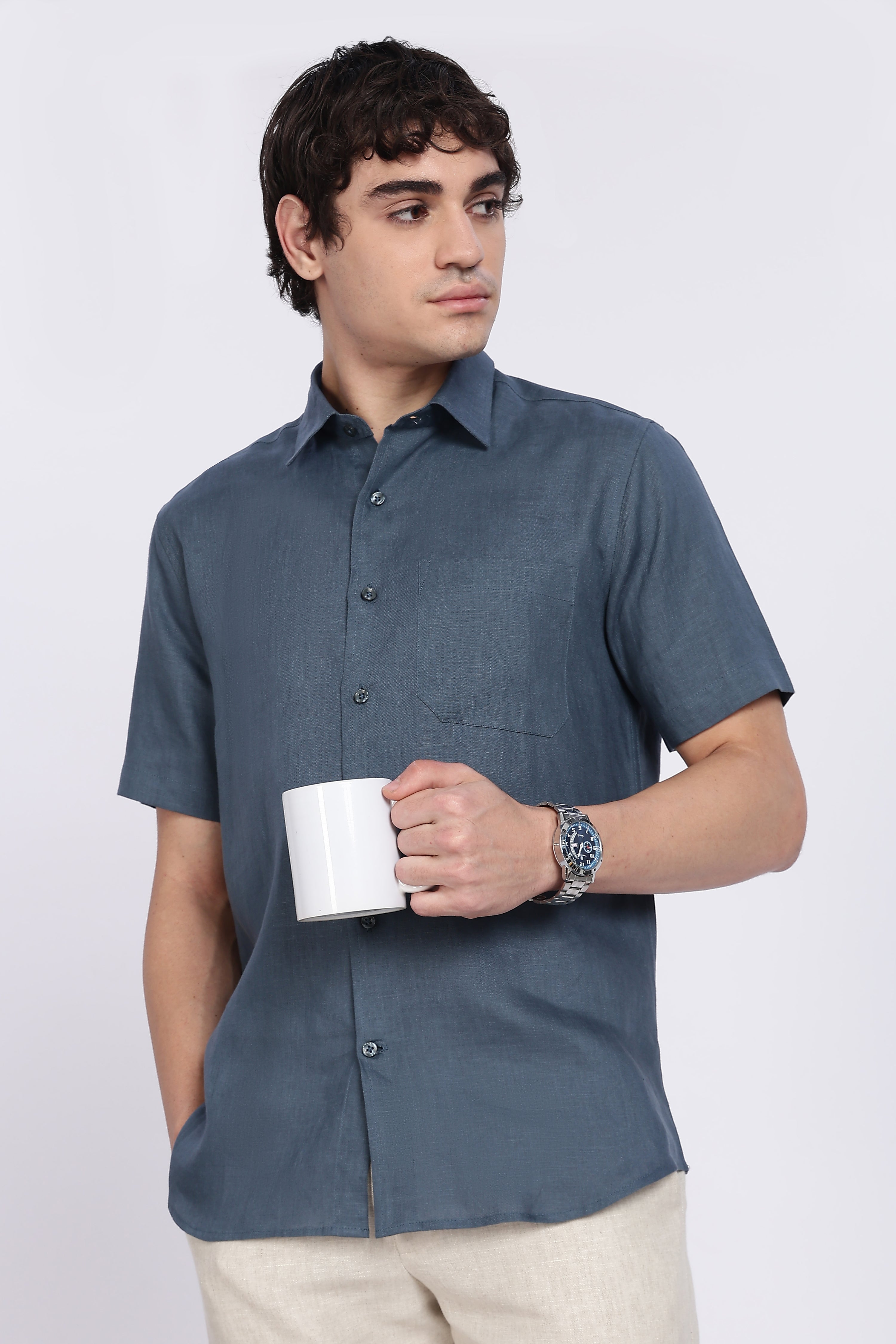 Men’s Steel Blue Half Sleeve Linen Shirt – 100% Pure Linen | Linen Culture