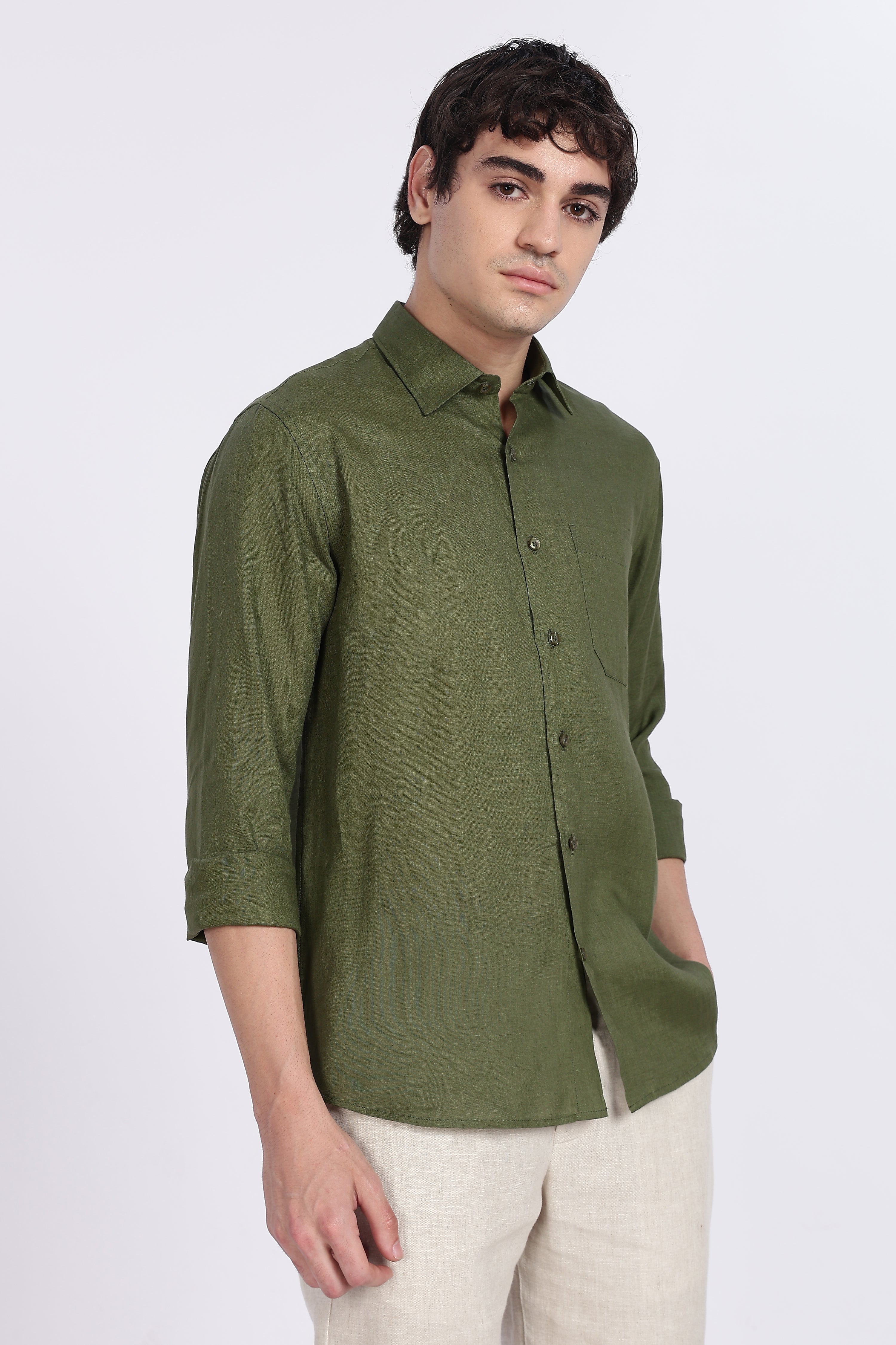 Men’s Olive Green Full Sleeve Linen Shirt – 100% Pure Linen | Linen Culture