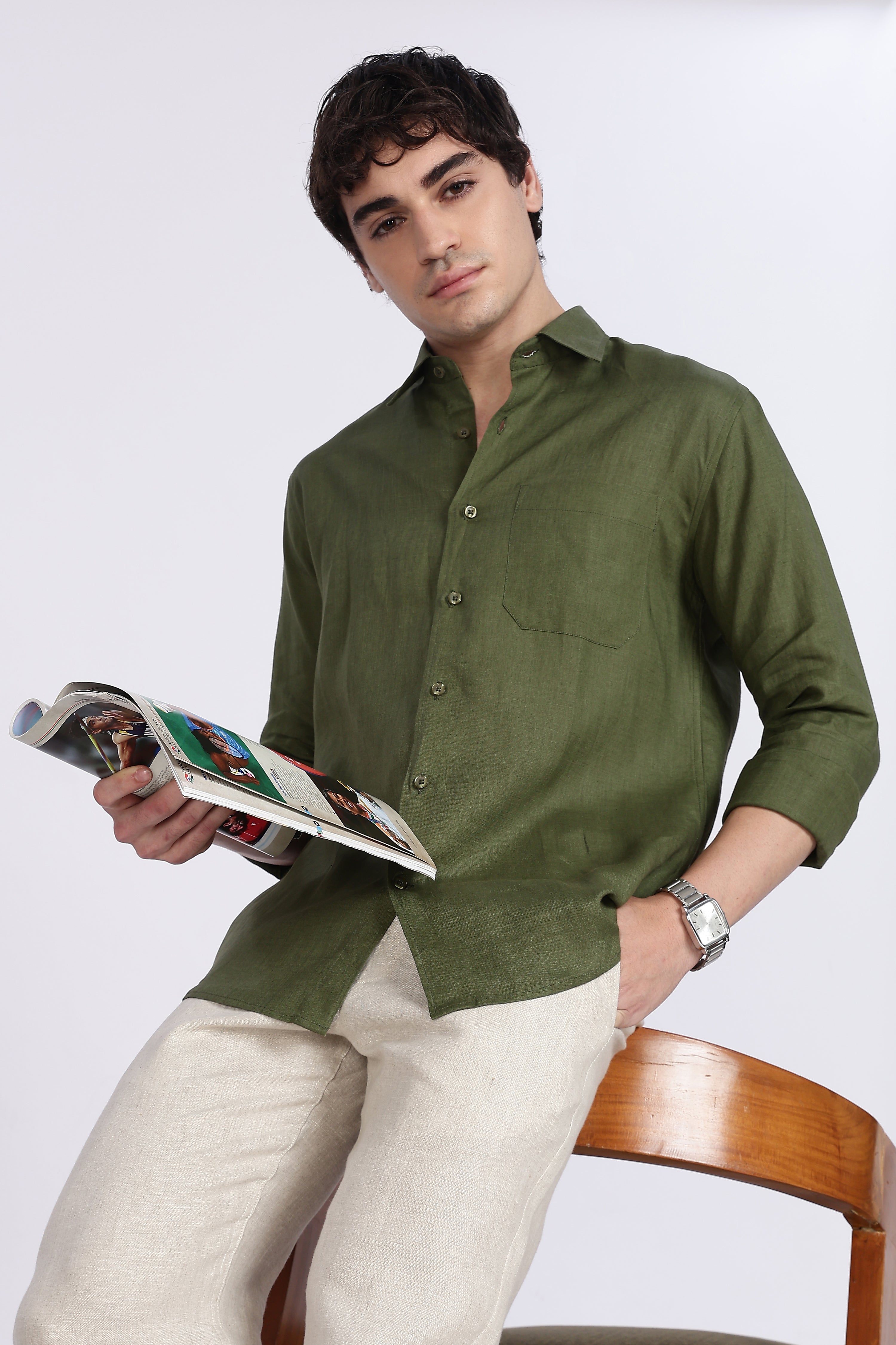 Men’s Olive Green Full Sleeve Linen Shirt – 100% Pure Linen | Linen Culture