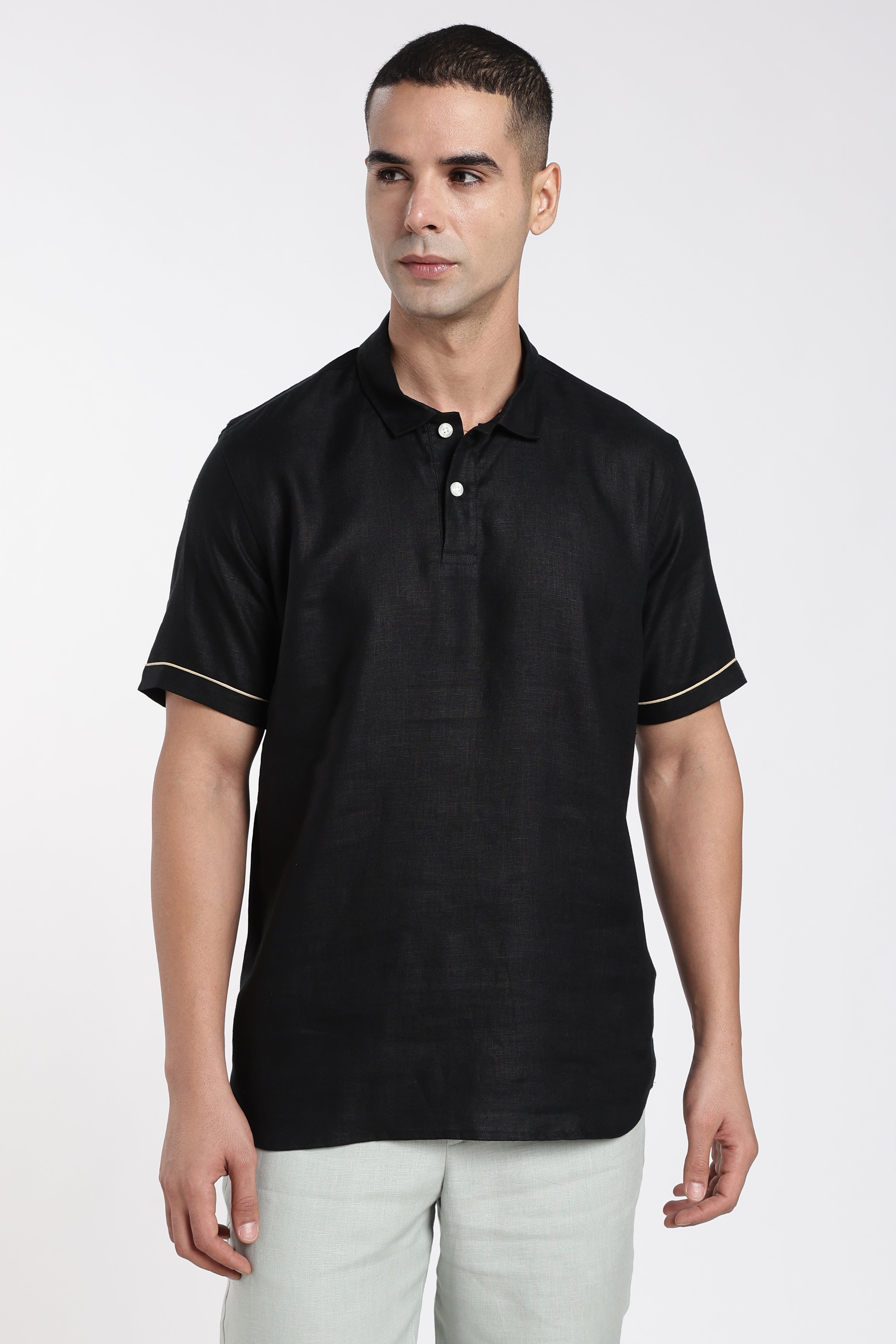 Men’s Linen Polo T-Shirt – Black | Linen Culture