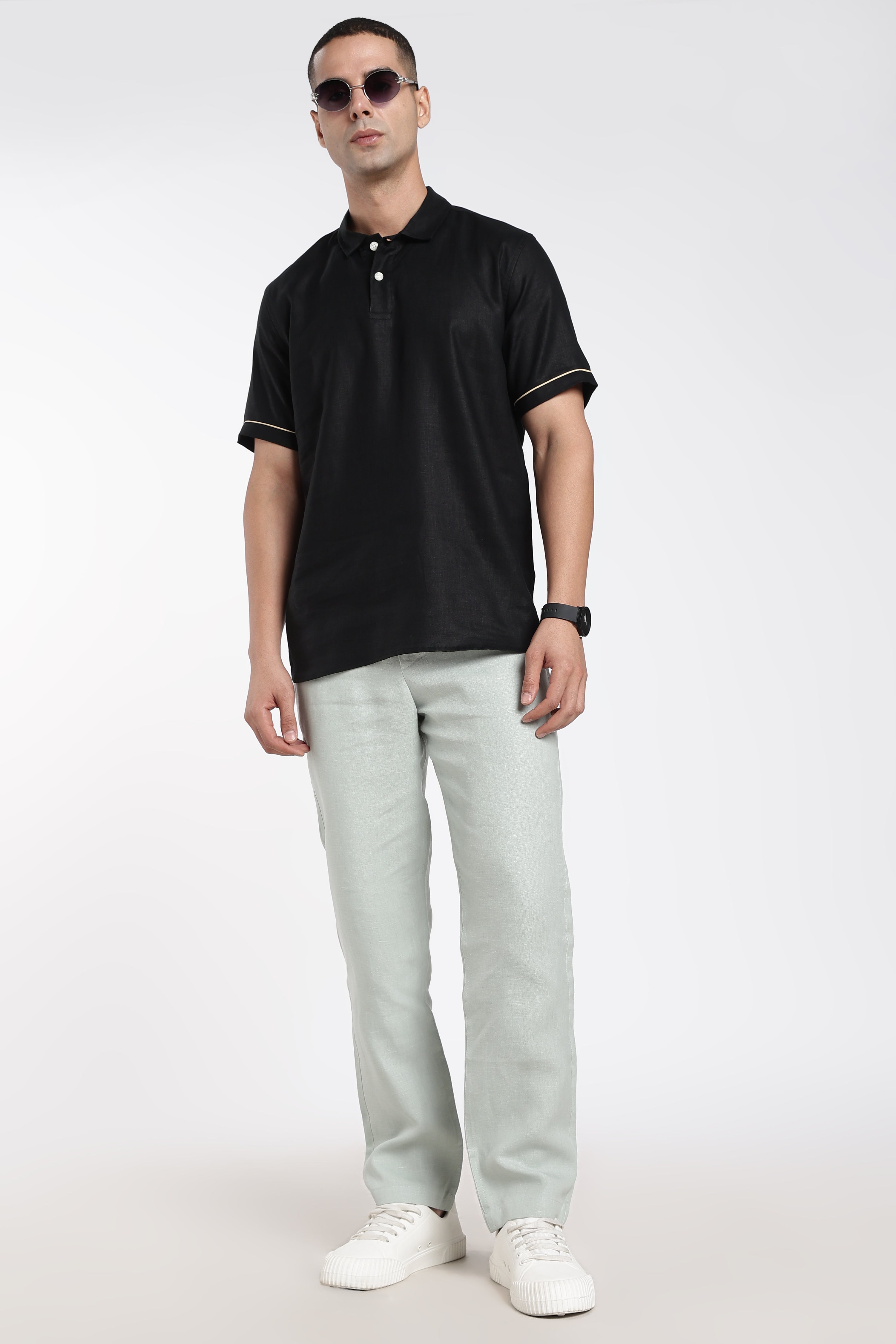 Men’s Linen Polo T-Shirt – Black | Linen Culture
