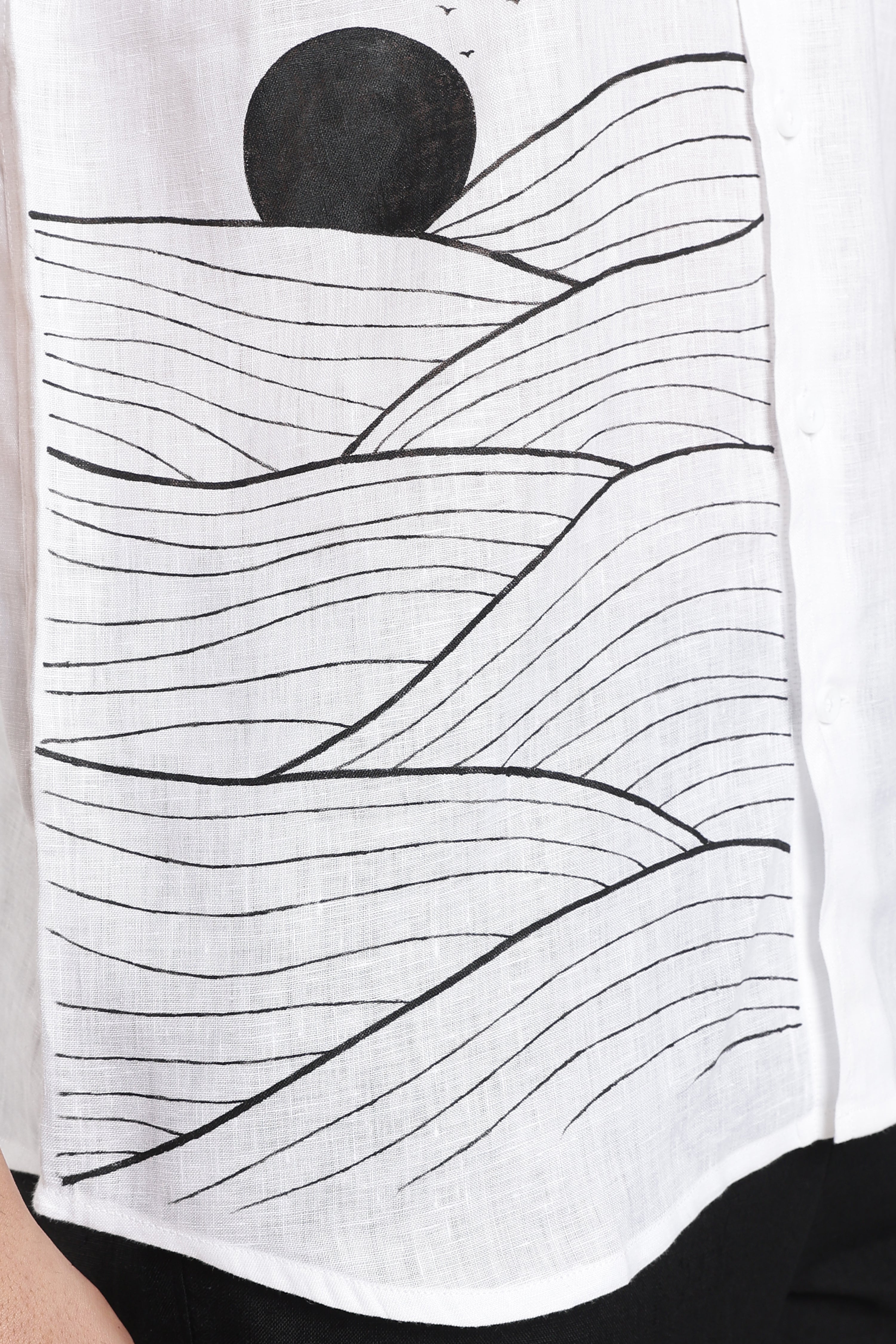 Men’s White Linen Shirt with Hand-Painted Dune Artwork | Linen Culture