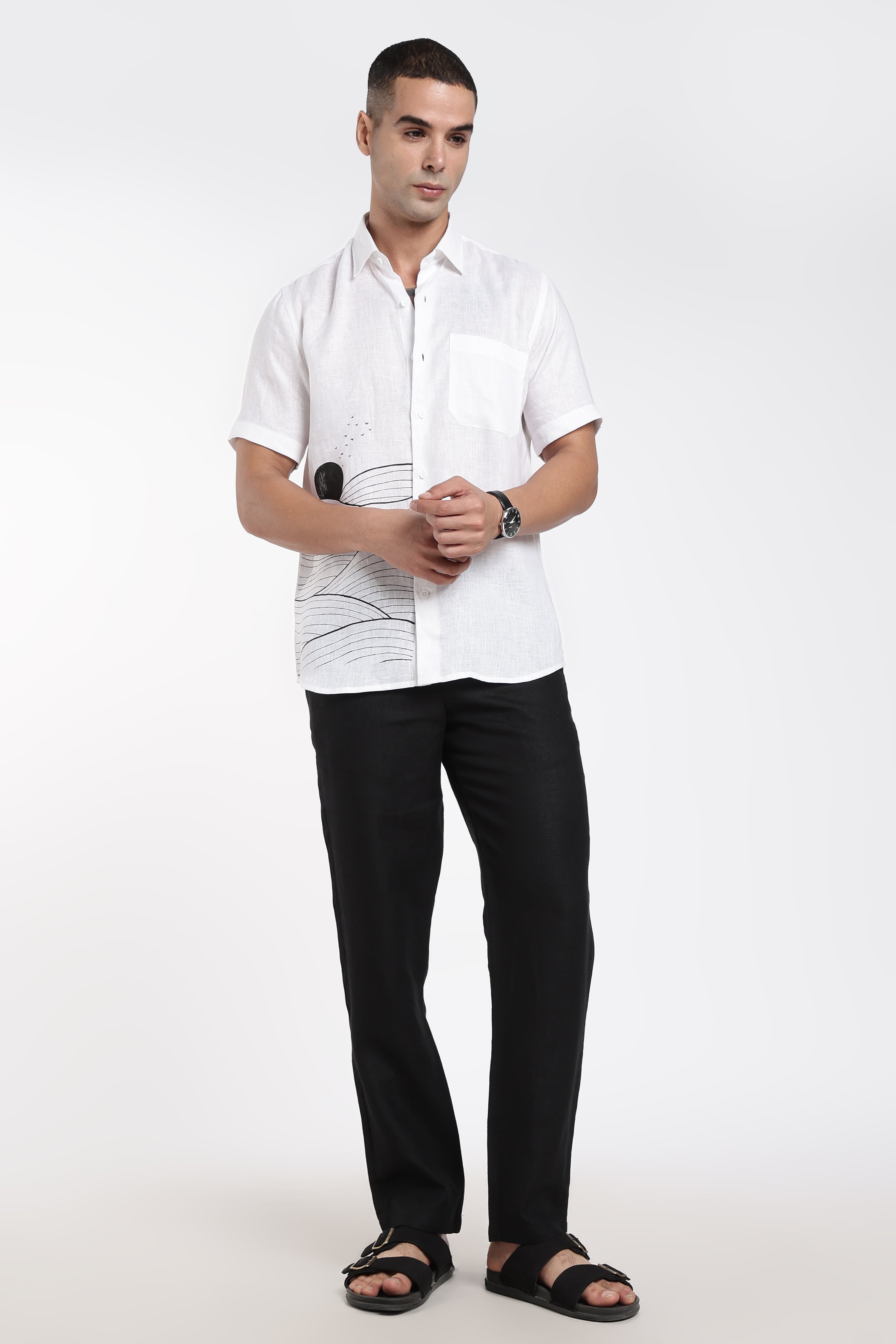 Men’s White Linen Shirt with Hand-Painted Dune Artwork | Linen Culture