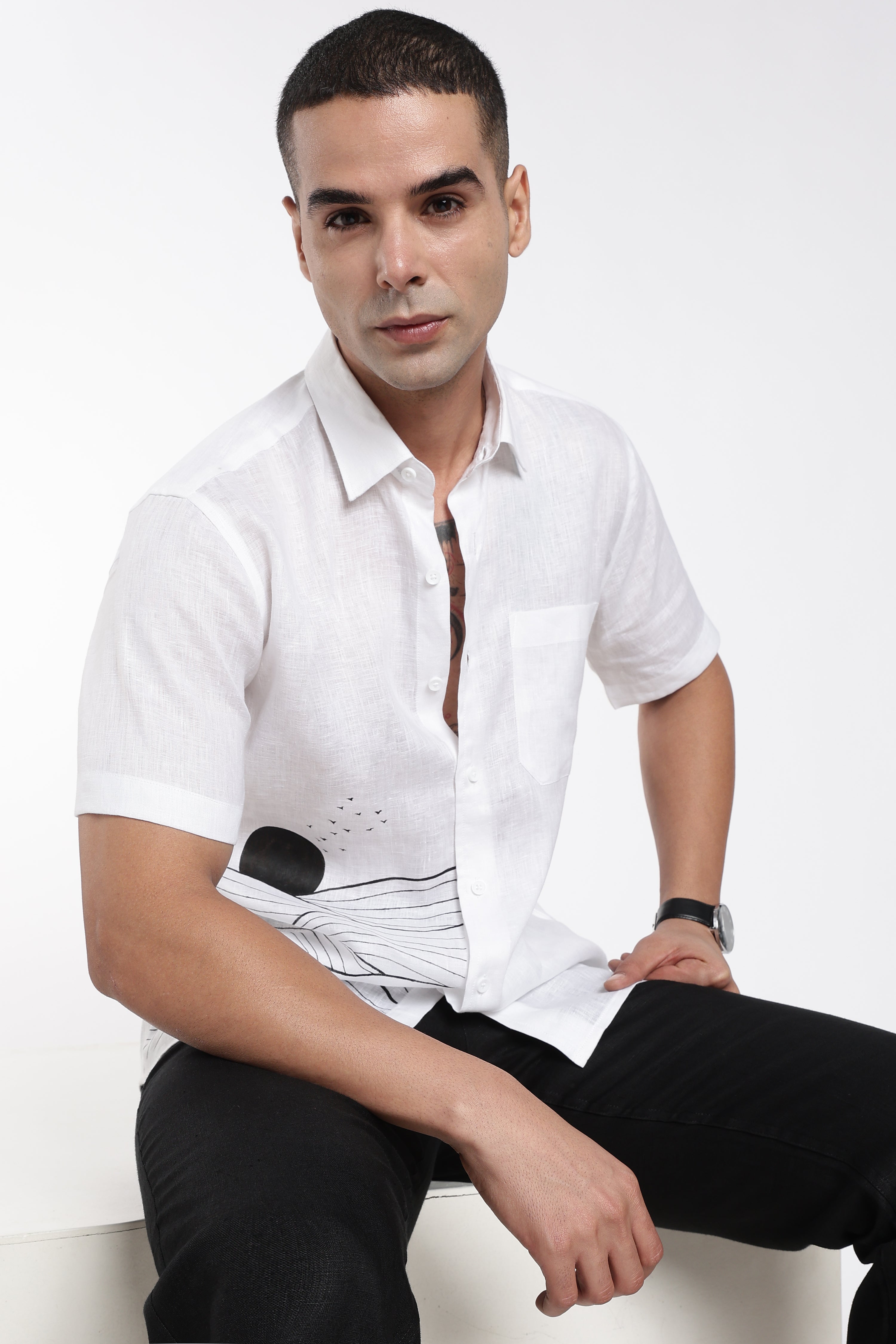 Men’s White Linen Shirt with Hand-Painted Dune Artwork | Linen Culture