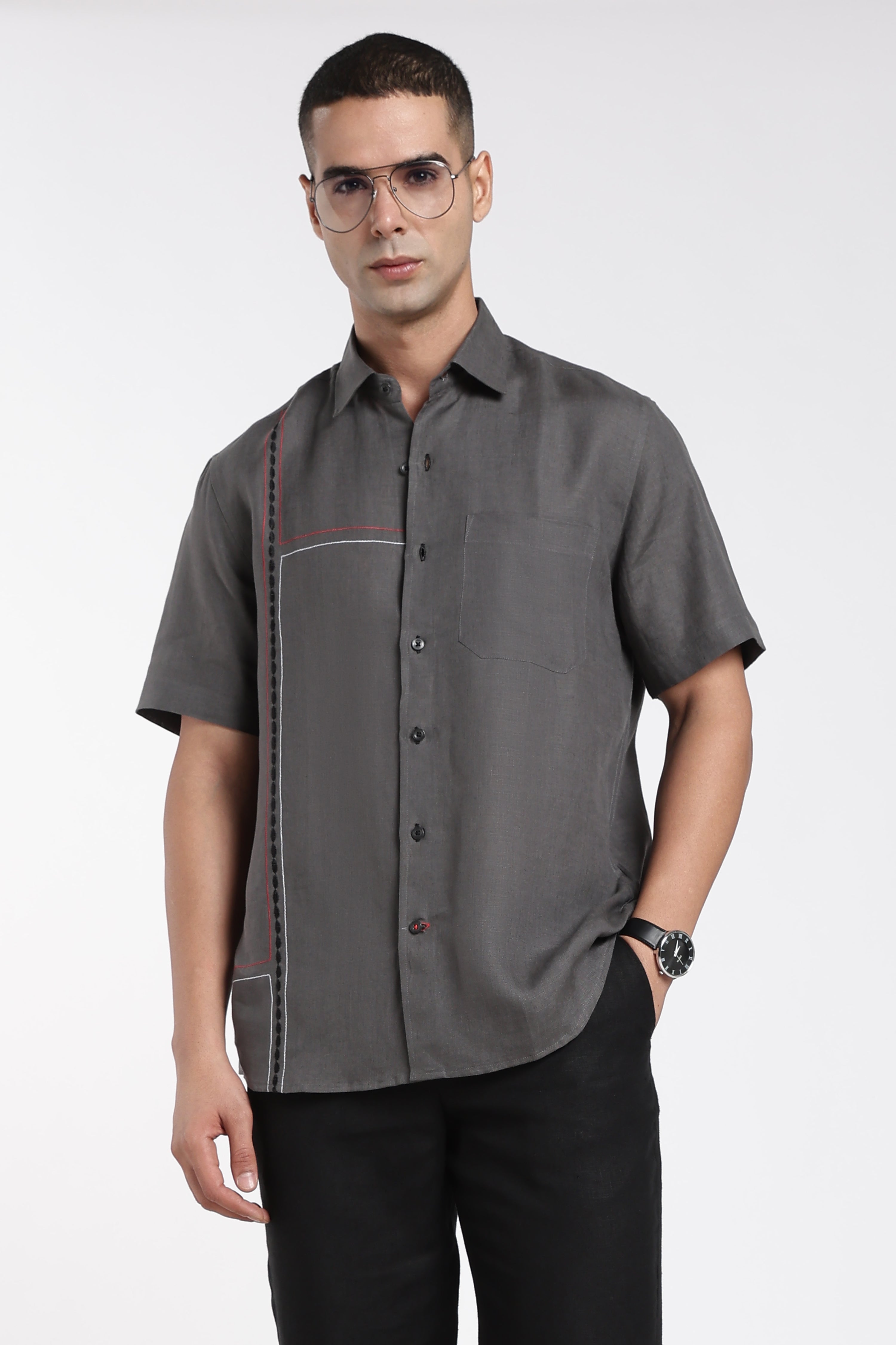 Men’s Charcoal Grey Linen Shirt with Linear Embroidery Detail