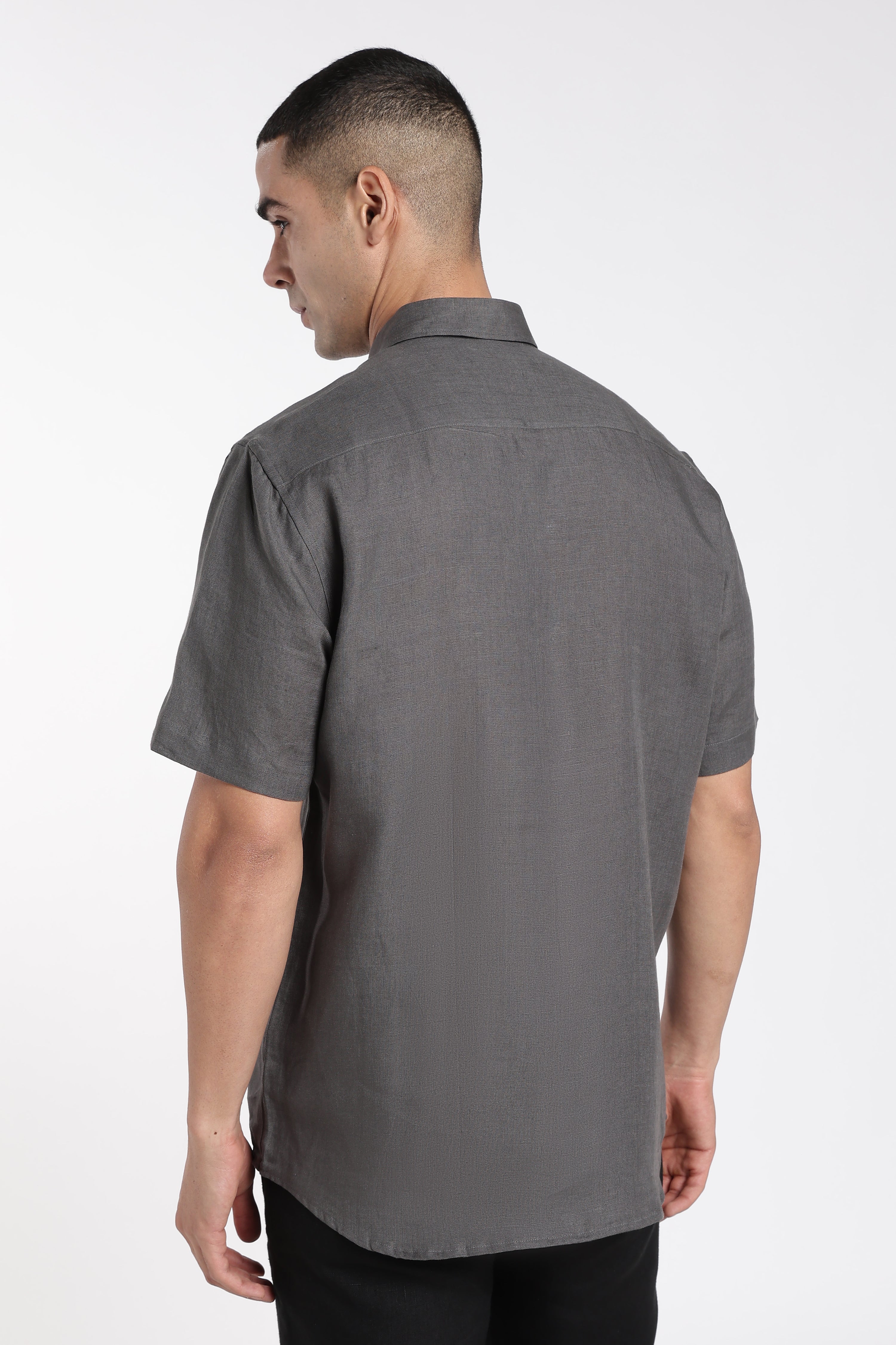 Men’s Charcoal Grey Linen Shirt with Linear Embroidery Detail