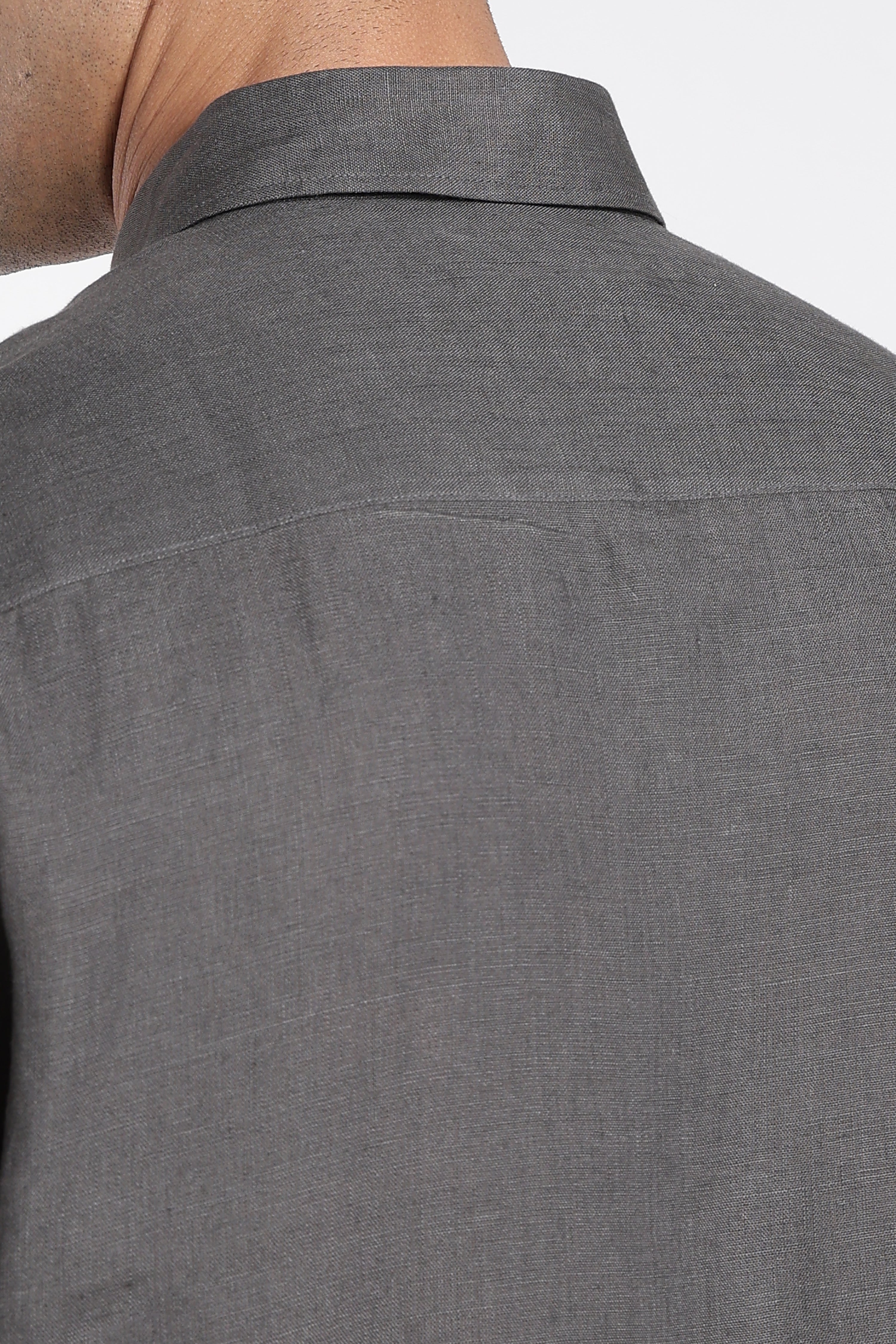 Men’s Charcoal Grey Linen Shirt with Linear Embroidery Detail