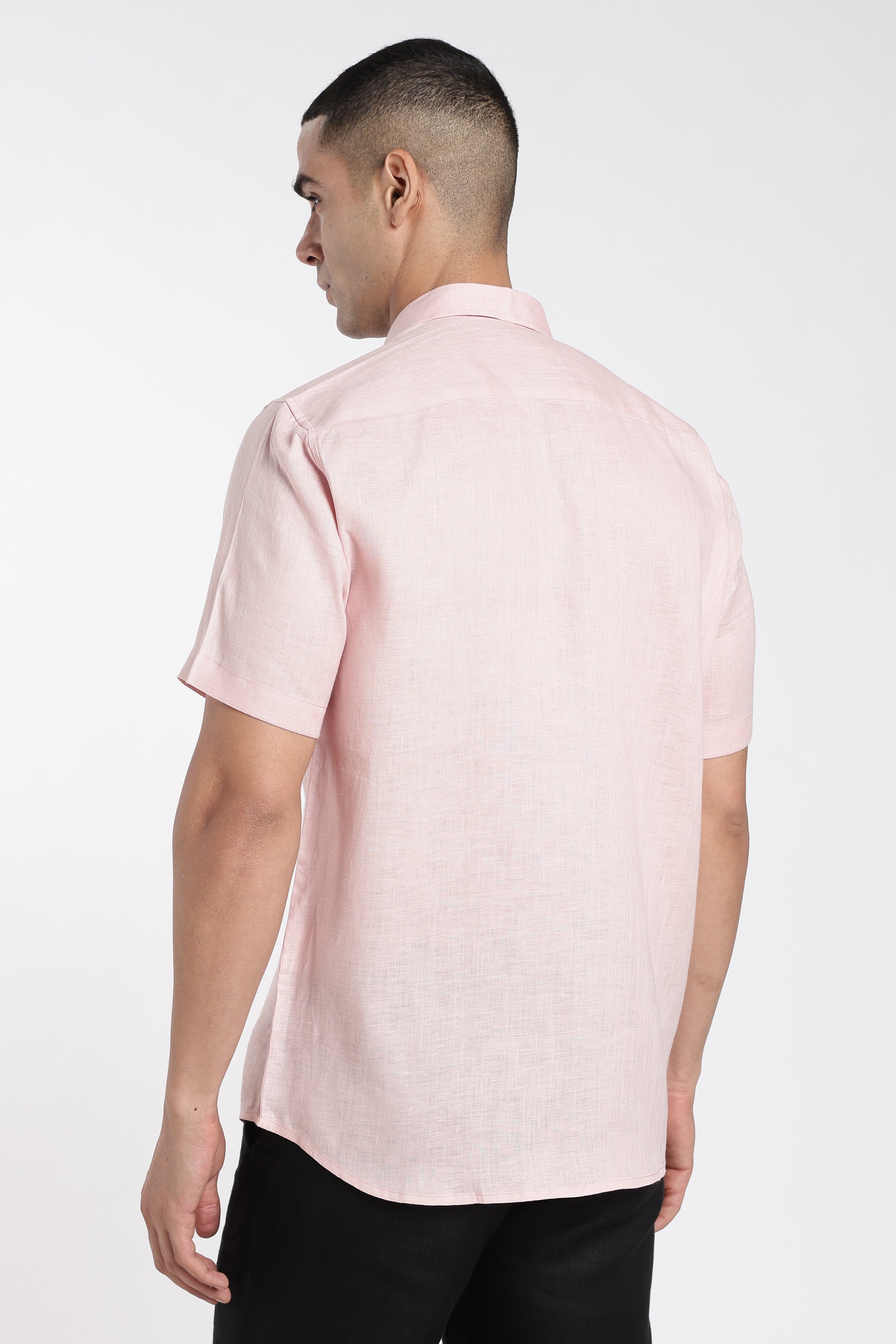 Premium Men’s Light Pink Linen Shirt with Hand-Painted Tropical Leaf Artwork
