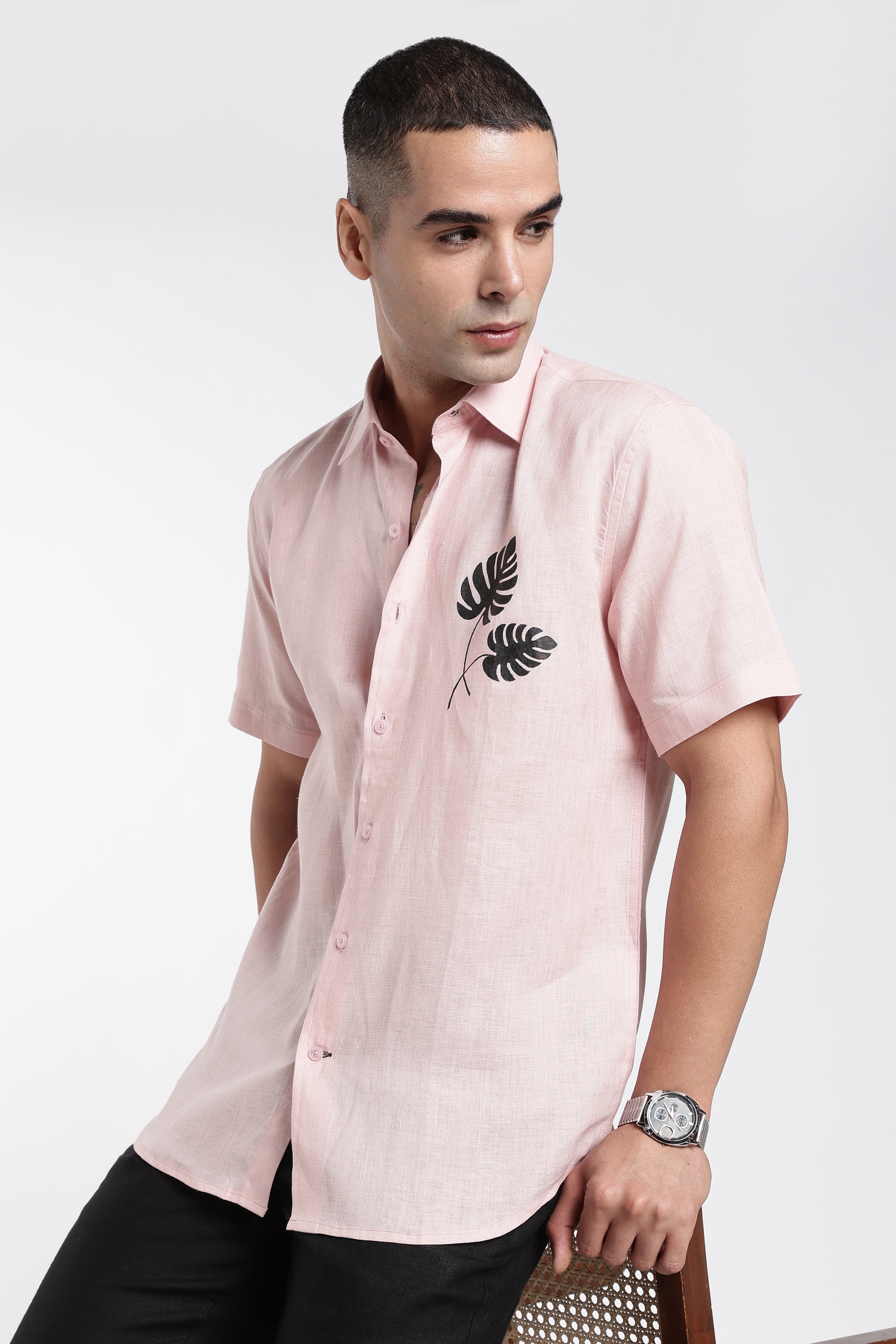 Premium Men’s Light Pink Linen Shirt with Hand-Painted Tropical Leaf Artwork