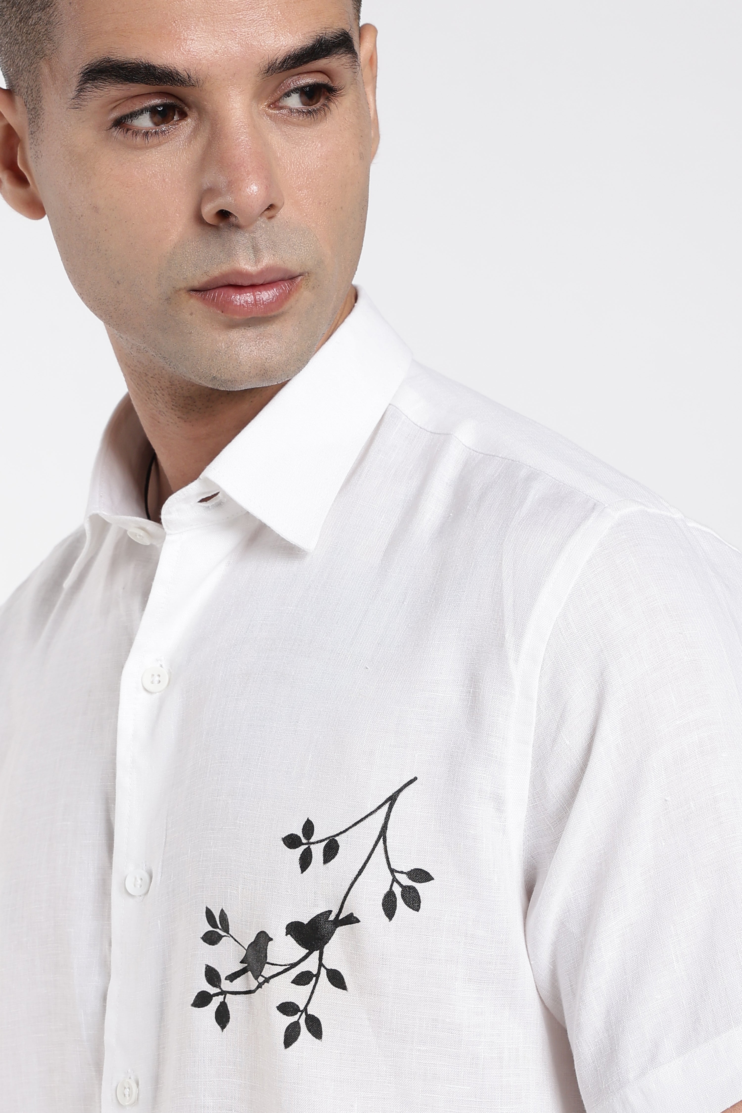 Men’s White Linen Shirt with Artistic Bird Hand-Painted Design | Linen Culture