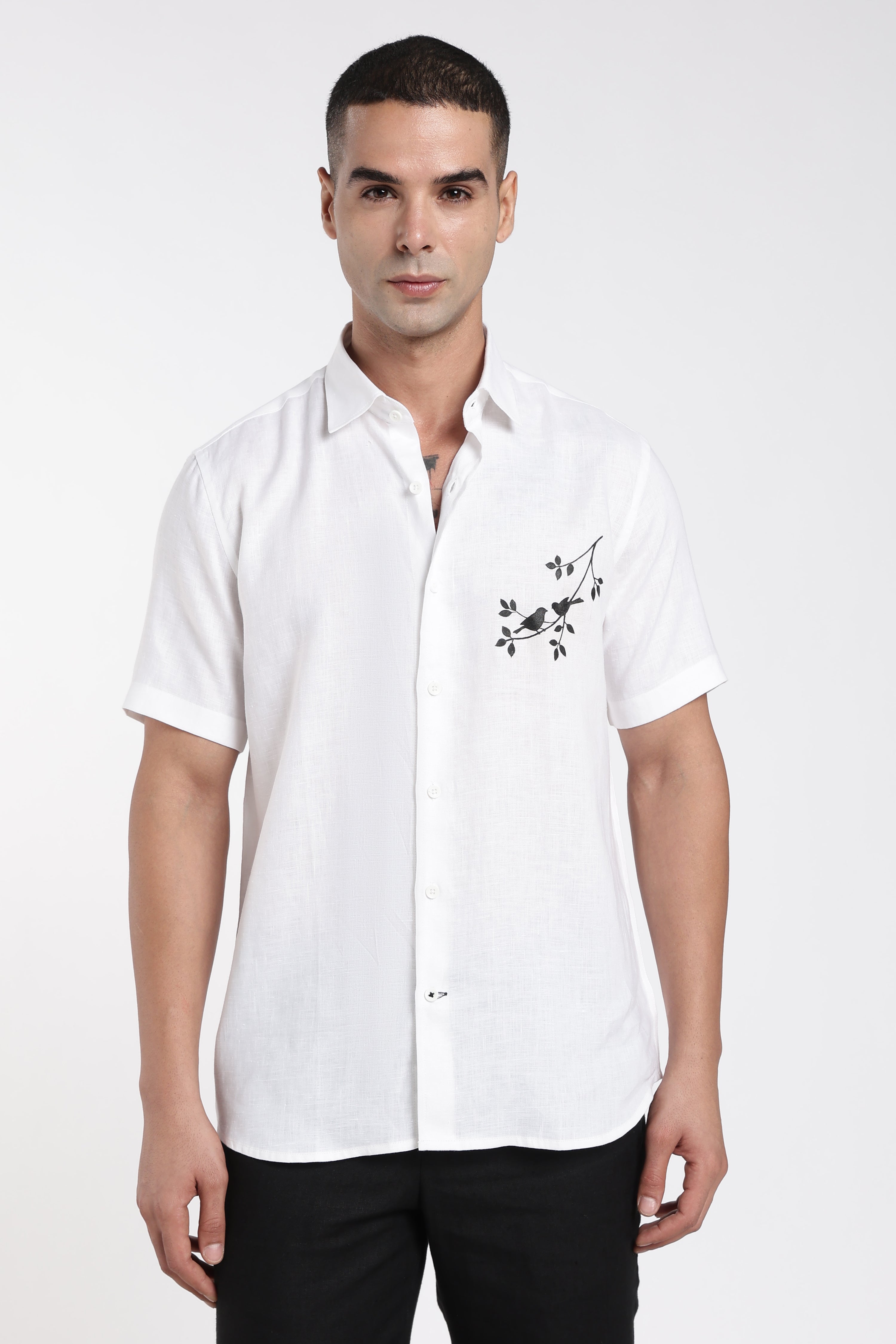 Men’s White Linen Shirt with Artistic Bird Hand-Painted Design | Linen Culture