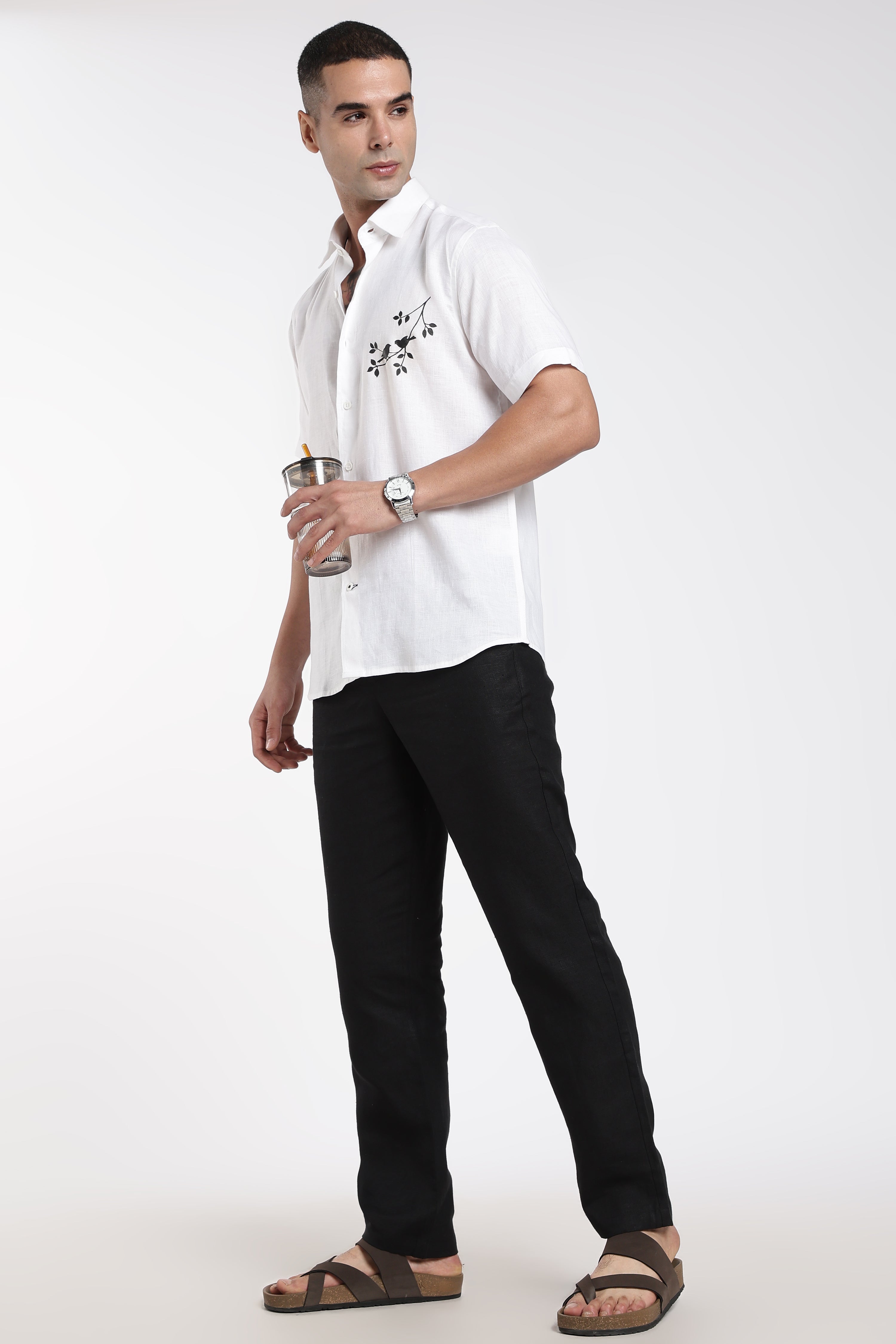 Men’s White Linen Shirt with Artistic Bird Hand-Painted Design | Linen Culture
