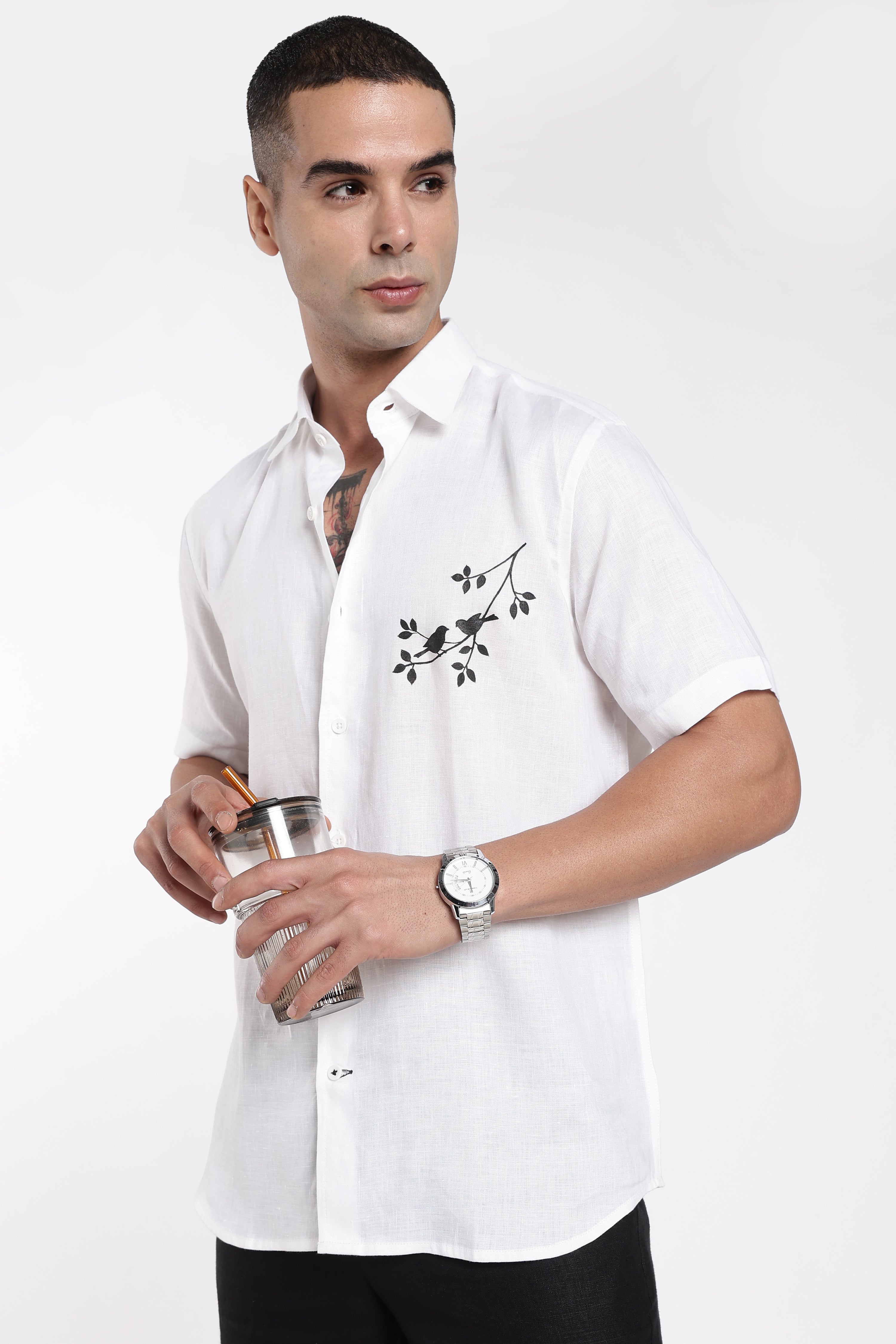 Men’s White Linen Shirt with Artistic Bird Hand-Painted Design | Linen Culture