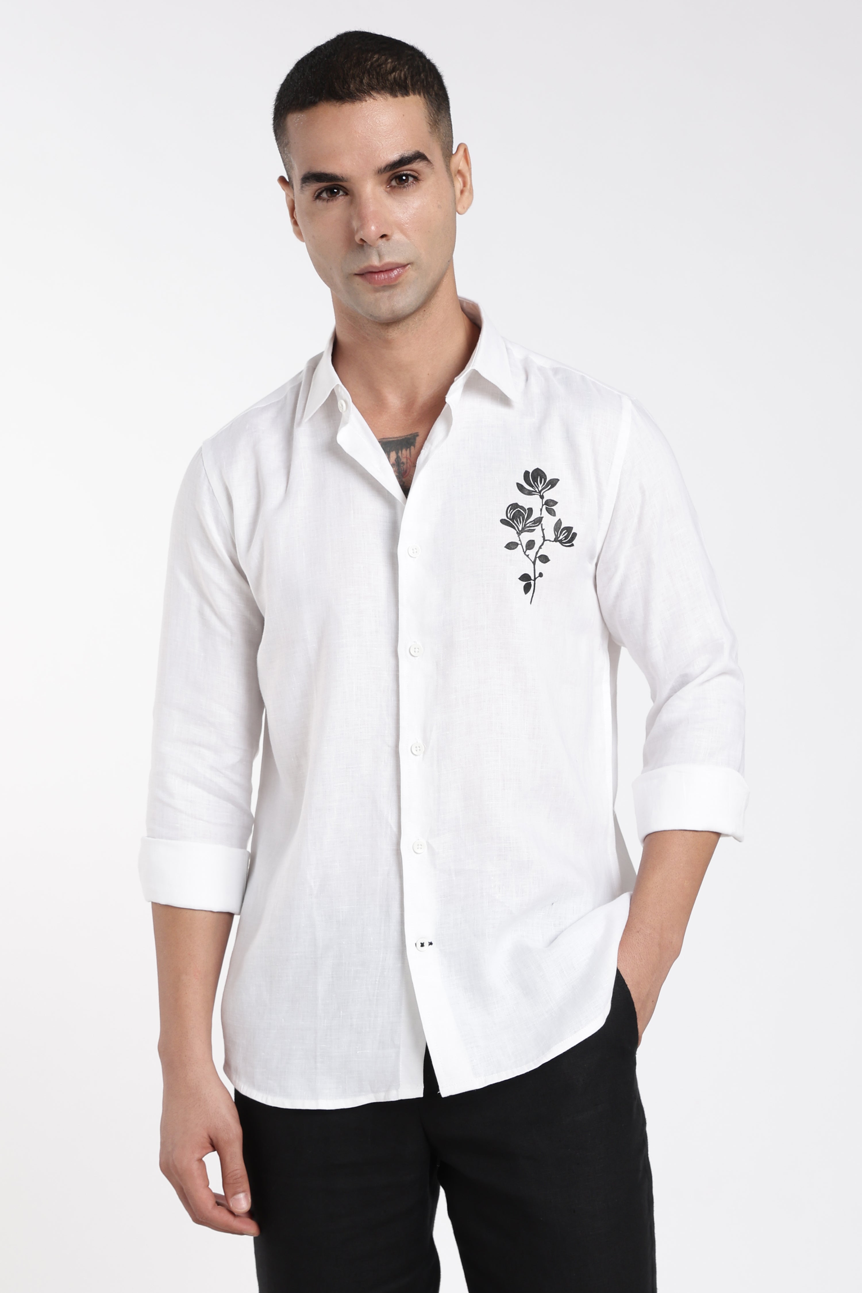 Men’s Premium White Linen Shirt with Hand-Painted Floral Artwork