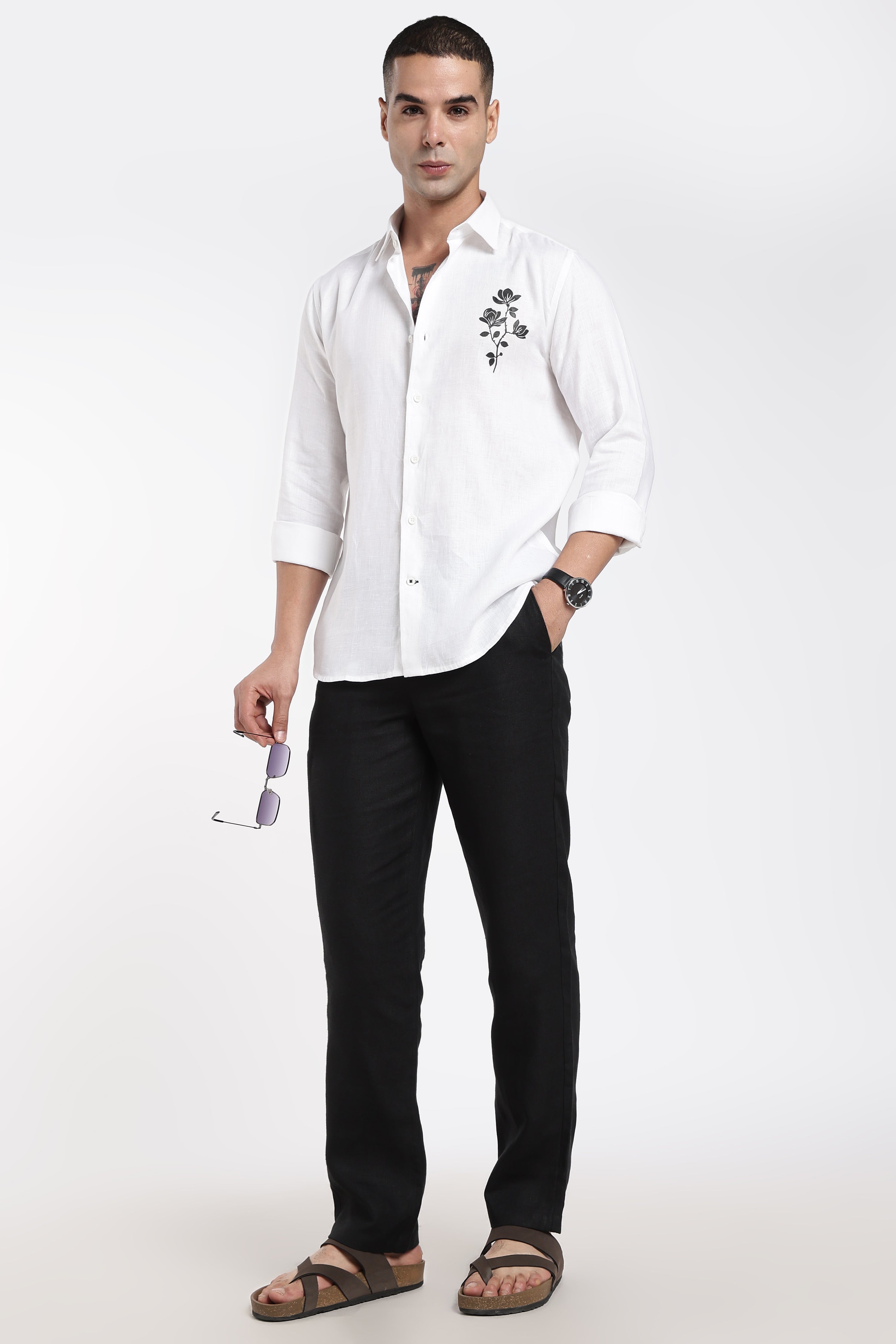 Men’s Premium White Linen Shirt with Hand-Painted Floral Artwork