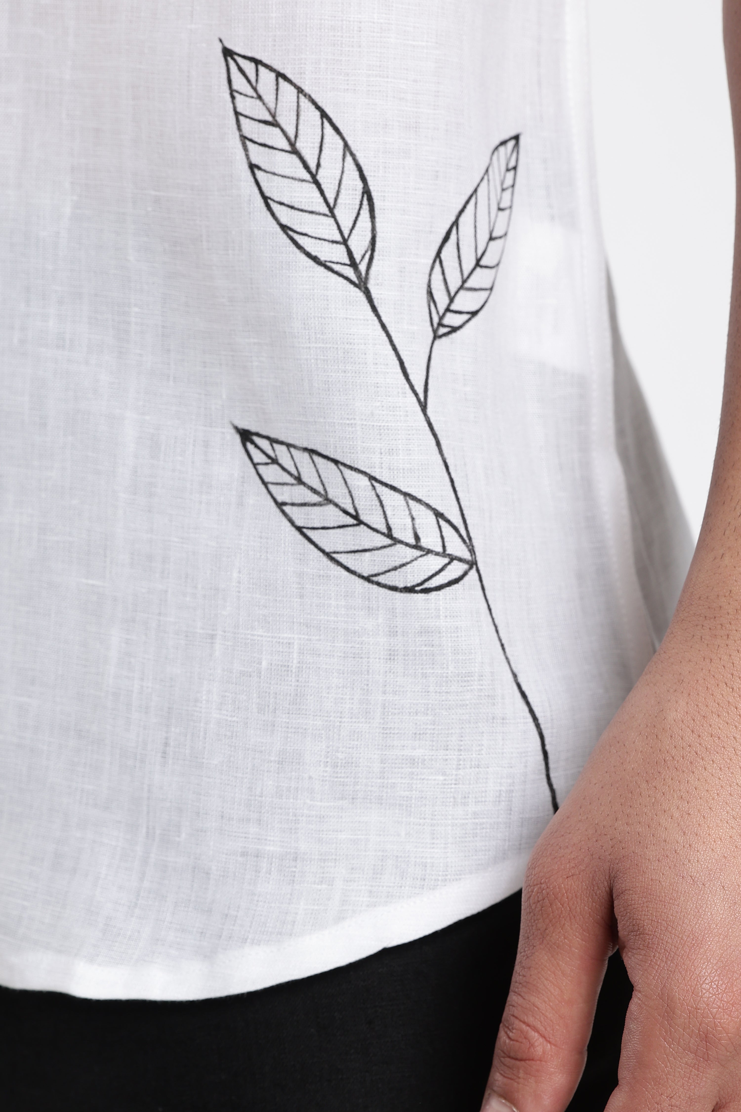 Men’s Premium White Linen Shirt with Minimal Leaf Hand-Painted Artwork