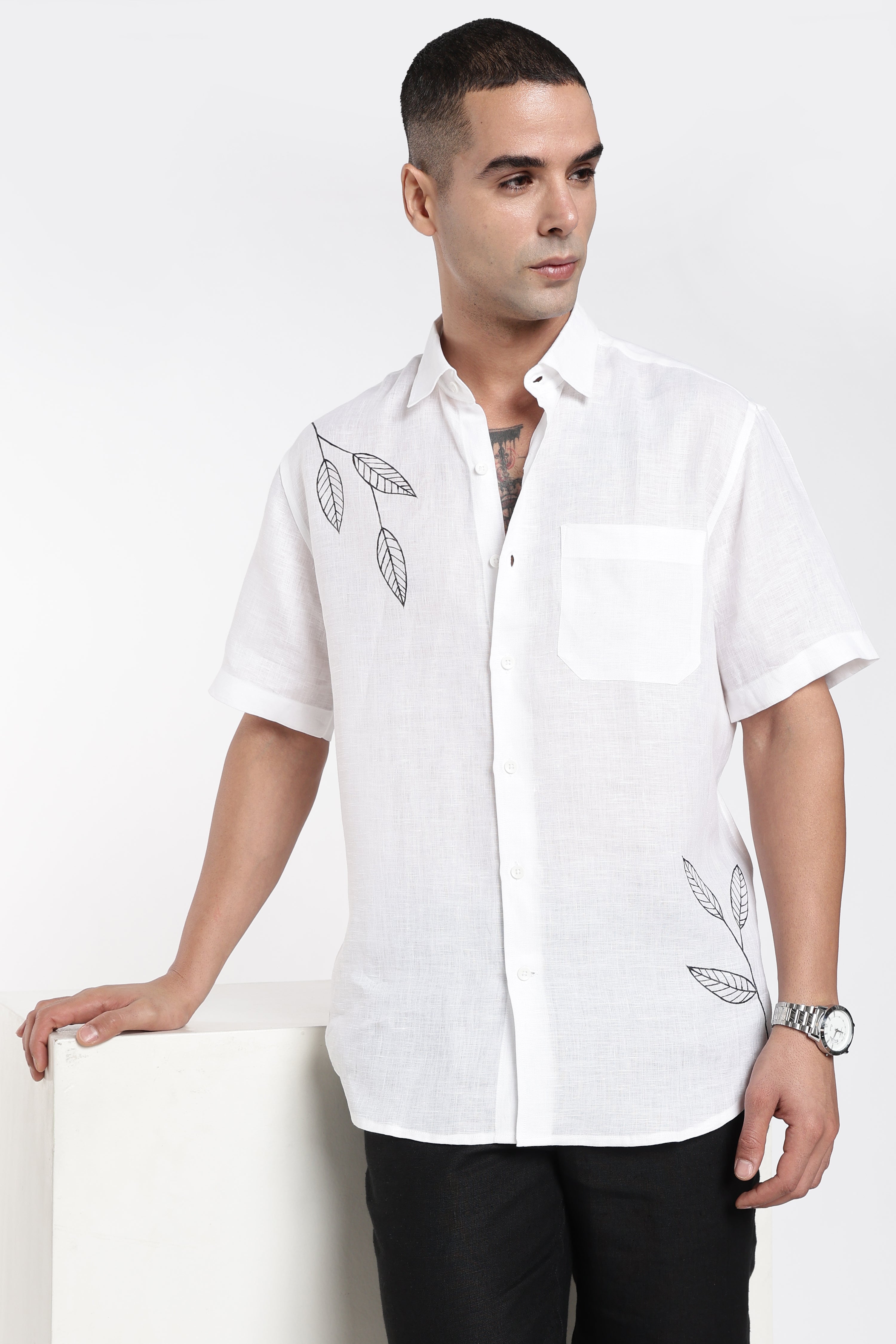 Men’s Premium White Linen Shirt with Minimal Leaf Hand-Painted Artwork